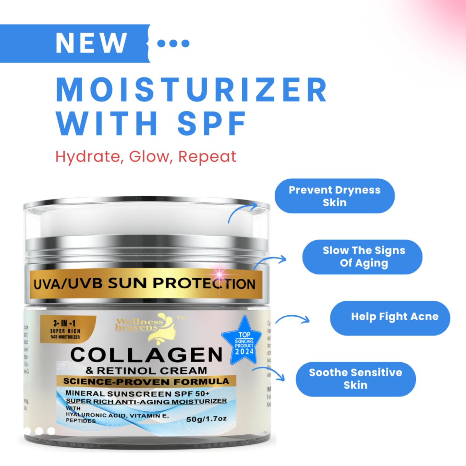 Daily Face Moisturizer with SPF 50 - Retinol, Hyaluronic Acid & Collagen with Age-Defying, Lift & Firm Cream and Sun Protection - Day & Night Repair Anti-Aging Face Moisturizer with Sunscreen | 1.7oz - Image 11