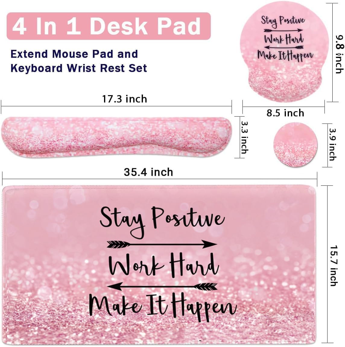 4-in-1 Gaming Mouse Pad Wrist Support Set,Desk Pad + Mouse Pad with Wrist Rest + Keyboard Wrist Rest + Coaster, Ergonomic Design for Home Office Study Game - Pink Stay Positive - Image 3
