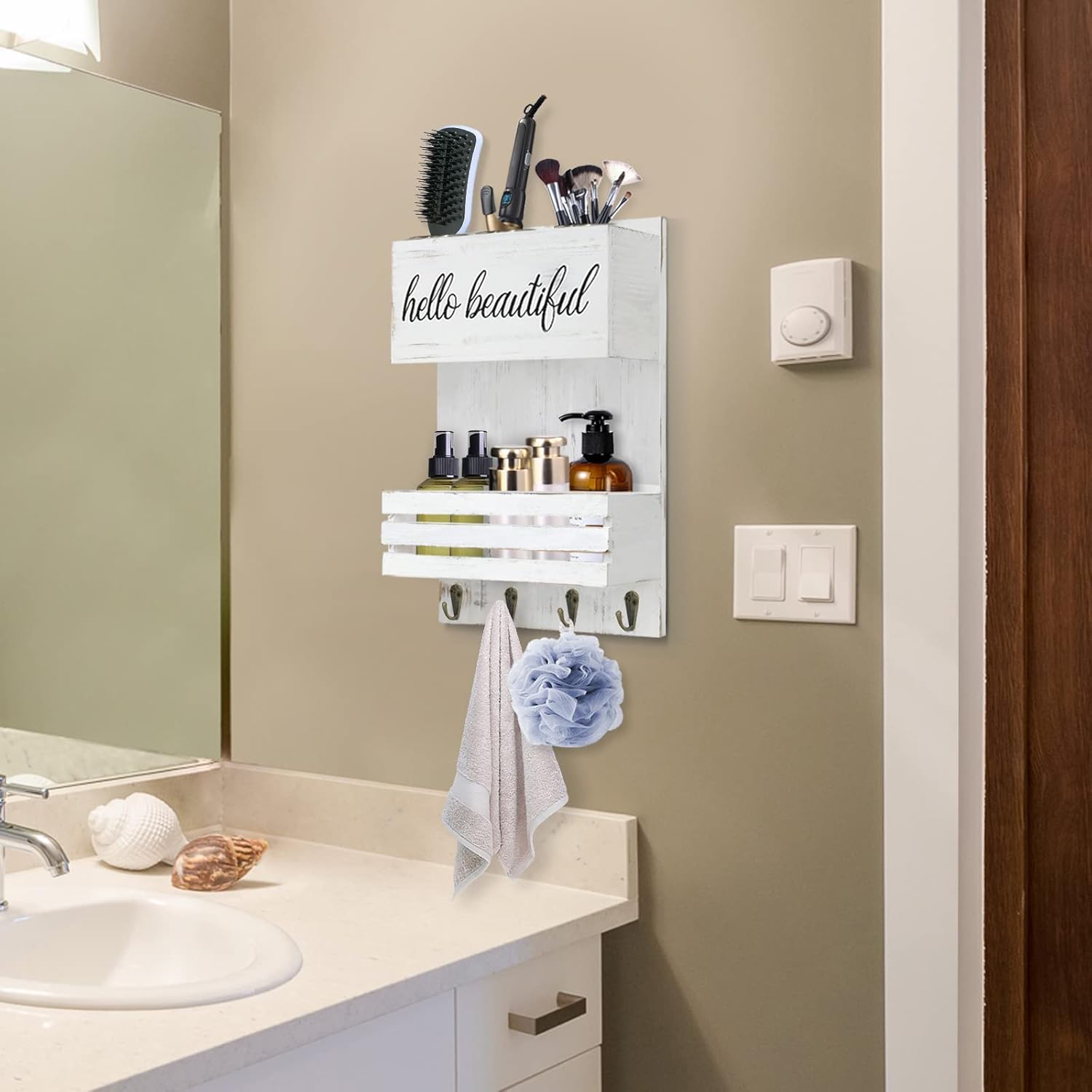 Rustic Hair Tool Organizer Wall Mount, 2 Layer Hair Dryer Holder Wall Mounted, Bathroom Hair Care and Styling Tool Organizer for Wall, Hair Accessories Organizer with Shelf for Makeup, Toiletries - Image 5