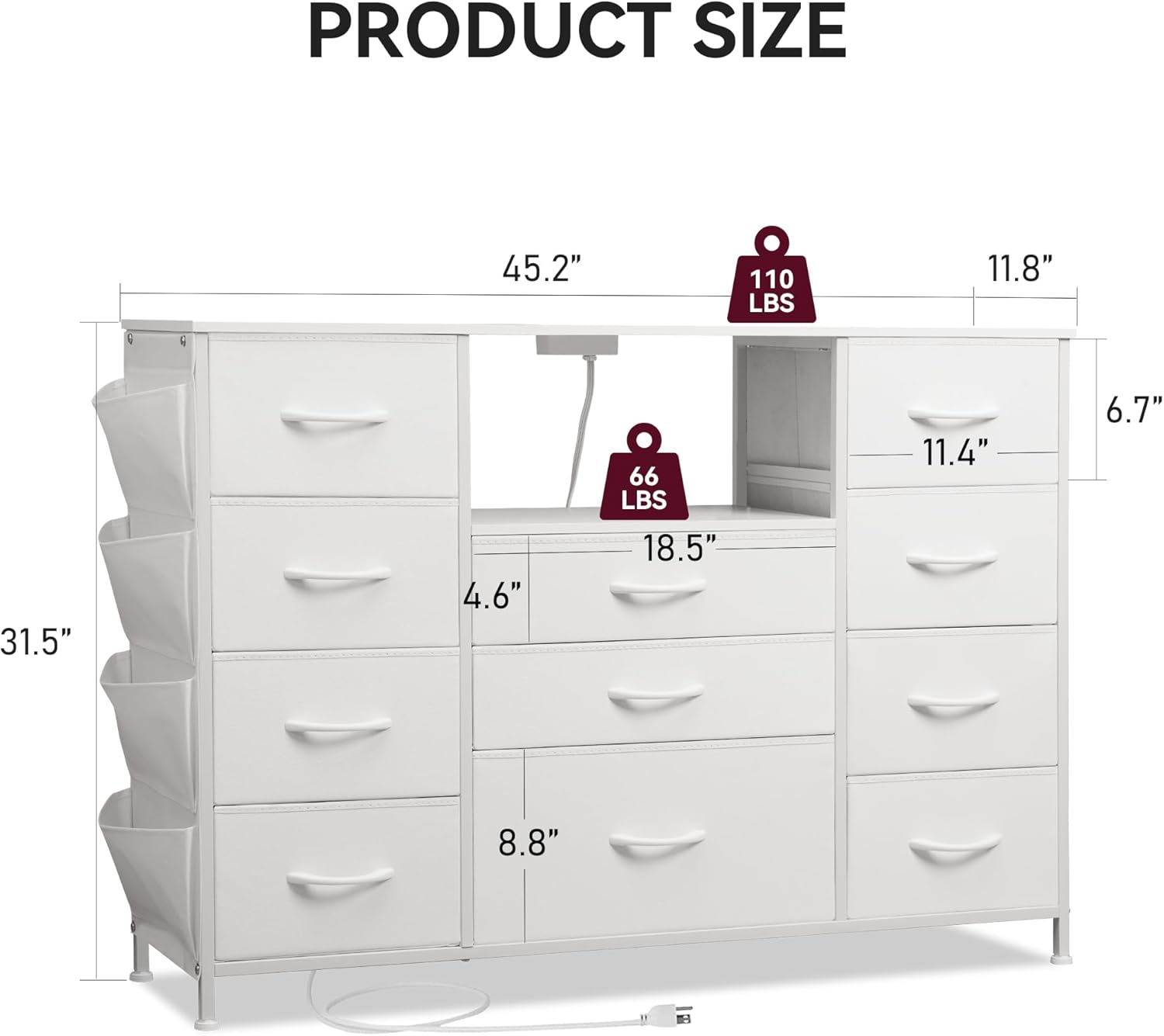TV Stand Dresser with 11 Drawers, TV Stand with Power Outlets and Side Pockets, Fabric Bedroom Dresser for 55'' Long TV, Chest of Drawers for Living Room Bedroom, White - Image 6