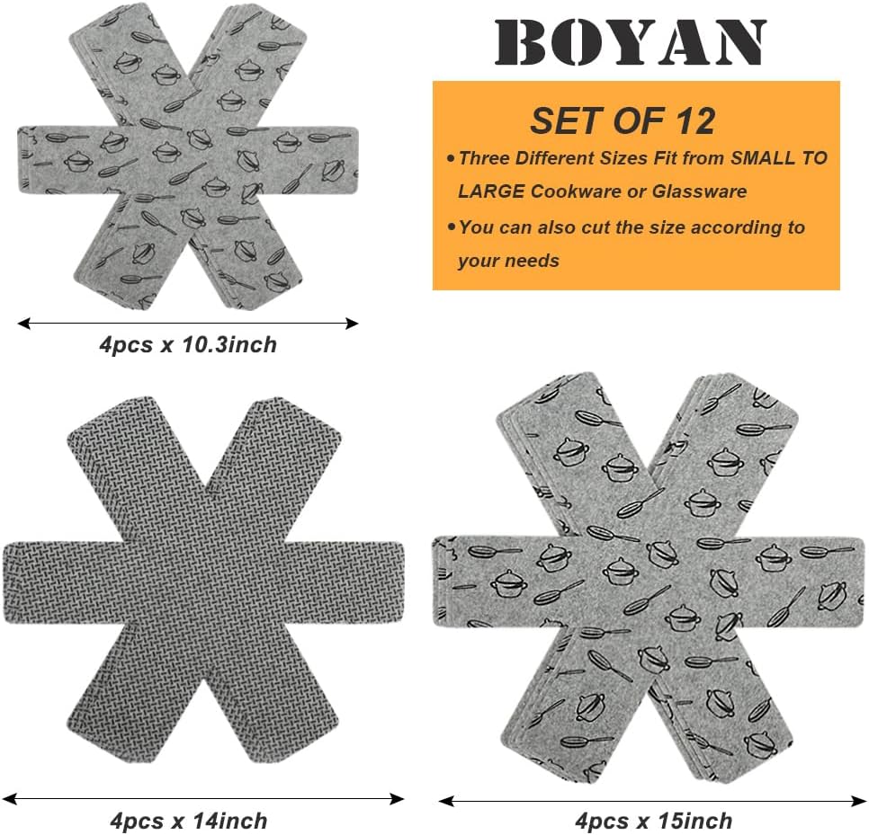 BOYAN Pot and Pan Protectors, Set of 12 and 3 Different Size, Cookware Protector Set/Felt Pots and Pans Divider Separator Pads Anti-Slip to Avoid Scratching or Marring When Stacking - Image 4