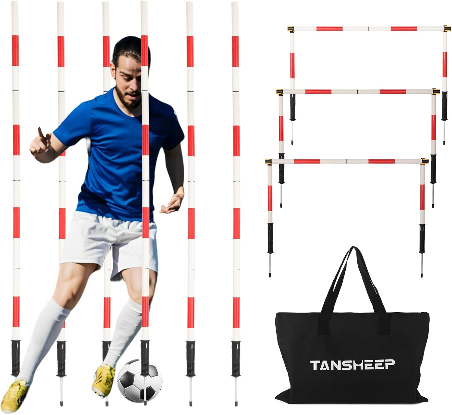 Tansheep Soccer Agility Training Poles Equipment with Bag, 6 Agility Poles with Spring, 3 Horizontal Sticks, Multifunctional Soccer Training Set for Kids Youth Adults - Image 2