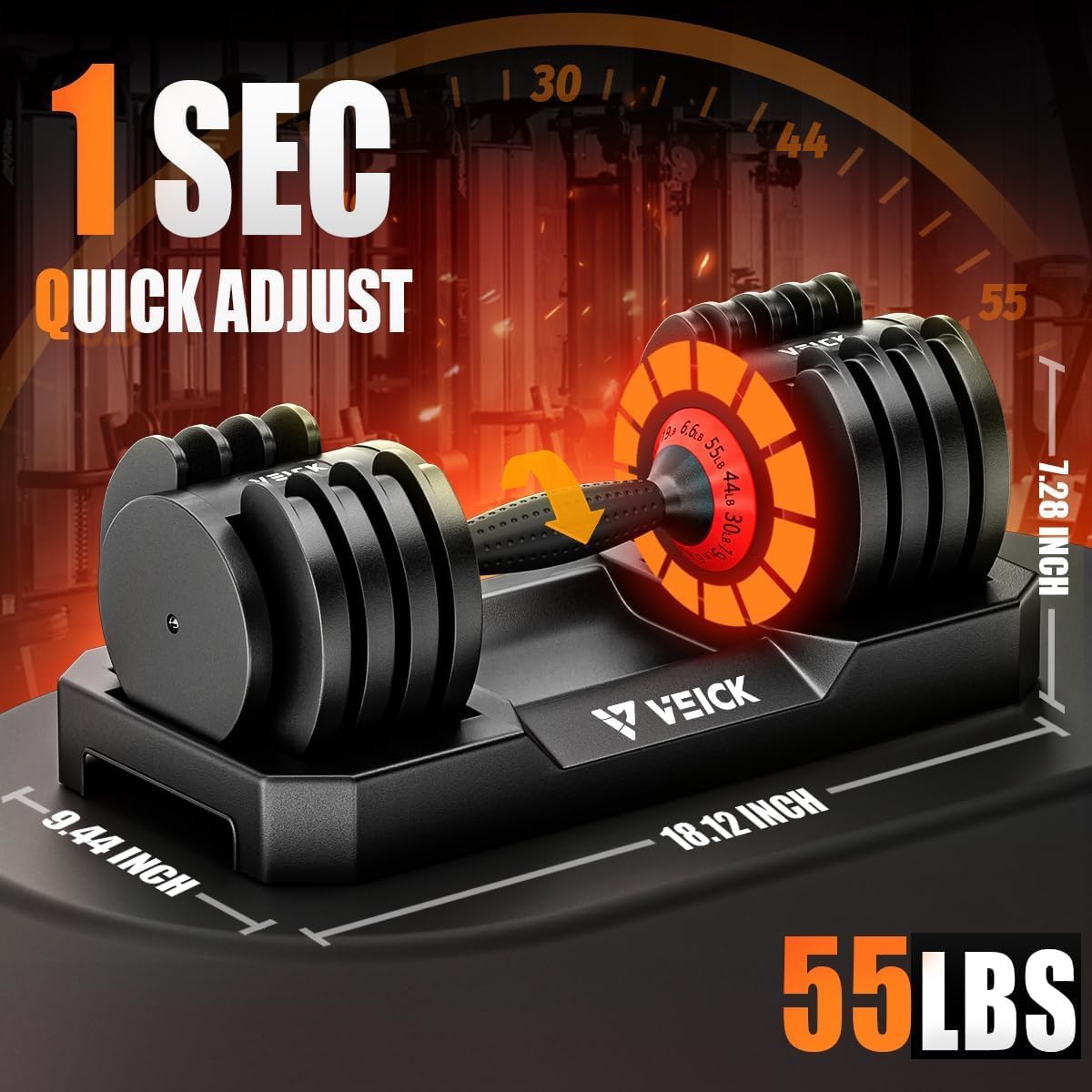 VEICK 25/55 lbs Adjustable Dumbbell with Anti-Slip Turning Handle, Fast Adjust Weight for Men Women, Exercise Equipment with Tray for Home Gym Full Body Workout Fitness - Image 3