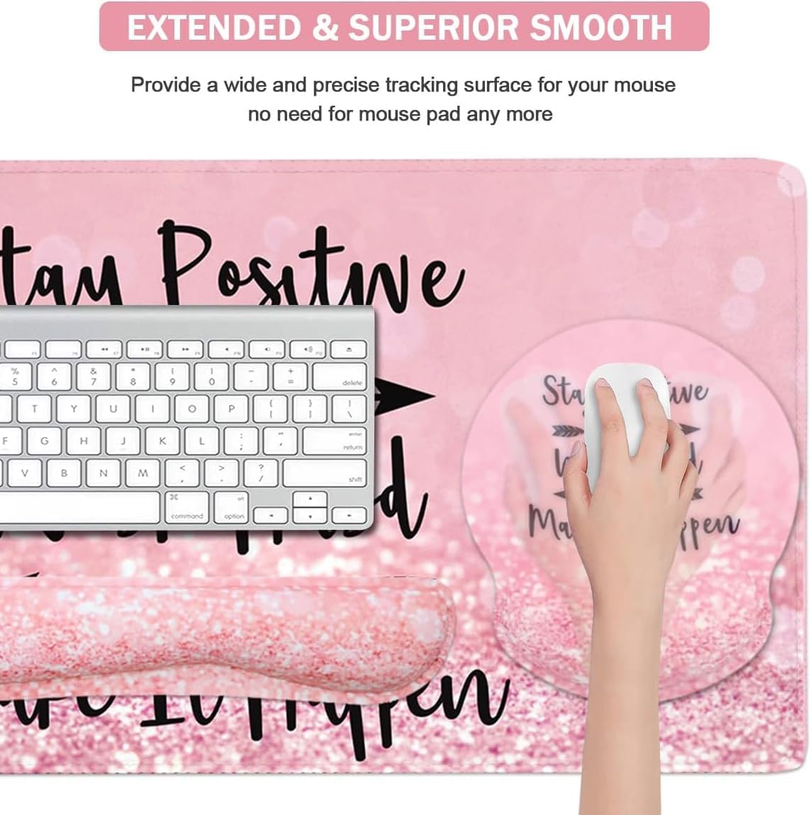 4-in-1 Gaming Mouse Pad Wrist Support Set,Desk Pad + Mouse Pad with Wrist Rest + Keyboard Wrist Rest + Coaster, Ergonomic Design for Home Office Study Game - Pink Stay Positive - Image 6