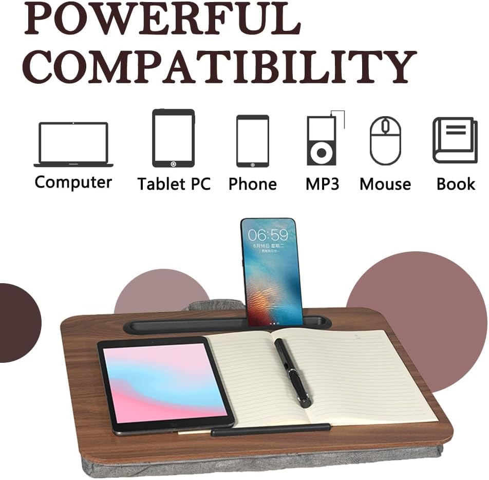 Lap Desk, Portable Laptop Desk Fits Up to 16“ Laptops, with Tablet Slot, Built-in Cushion, Great for Home & Office,Lap Desk with Cushion (Brown, Medium) - Image 7