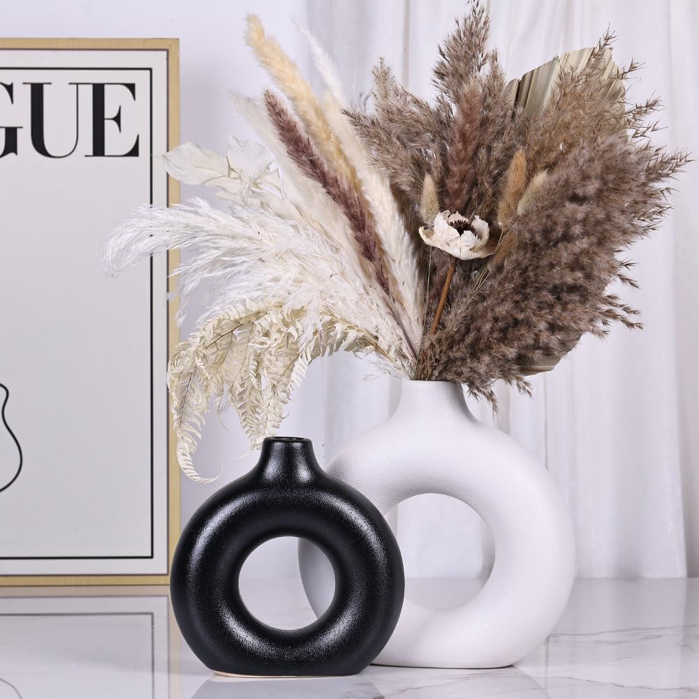 Black and White Ceramic Vase Set of 2, Matte Round Hollow Donut Flower Vases, Modern Boho Pampas Grass Decorative Vase, Ideal for Wedding, Living Room, Office, Entrance, Dining Table Decoration Vase - Image 4