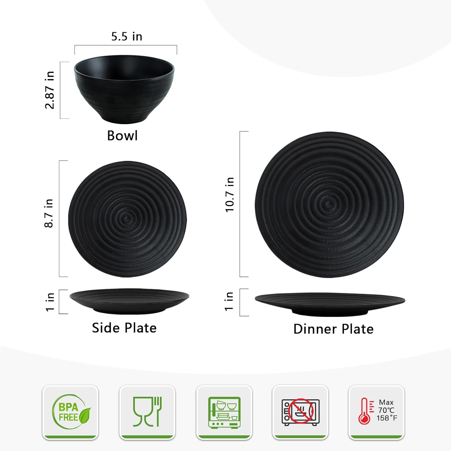 Melamine Dinnerware Sets for 4,12Pcs Plate and Bowl Set, Lightweight Dish Set for Camping,RV and BBQ, Dishwasher Safe,BPA free(Black) - Image 4