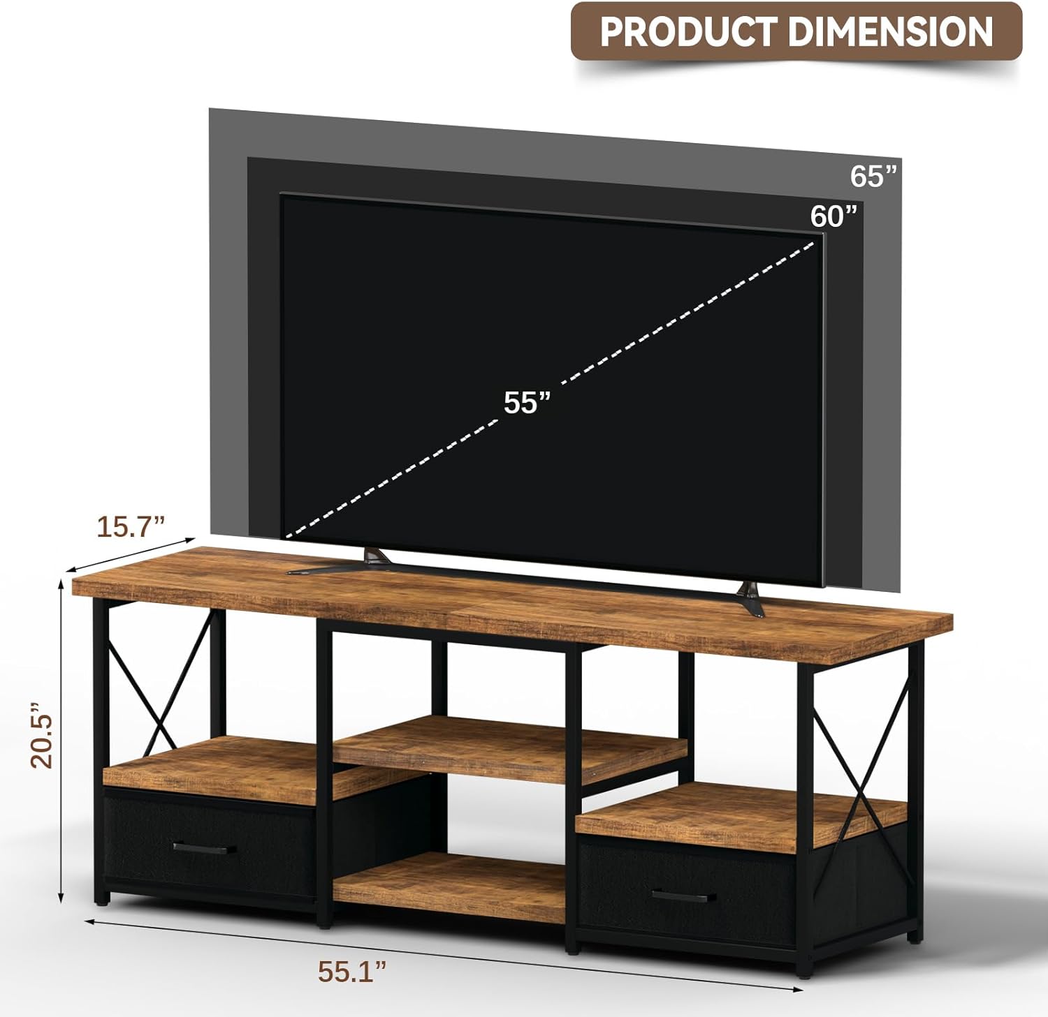TV Stand with Fabric Drawers for 55 60 65 Inches TV - Modern Entertainment Center with Open Shelves and Cable Management, Industrial Style TV Console for Living Room, Bedroom - Image 3