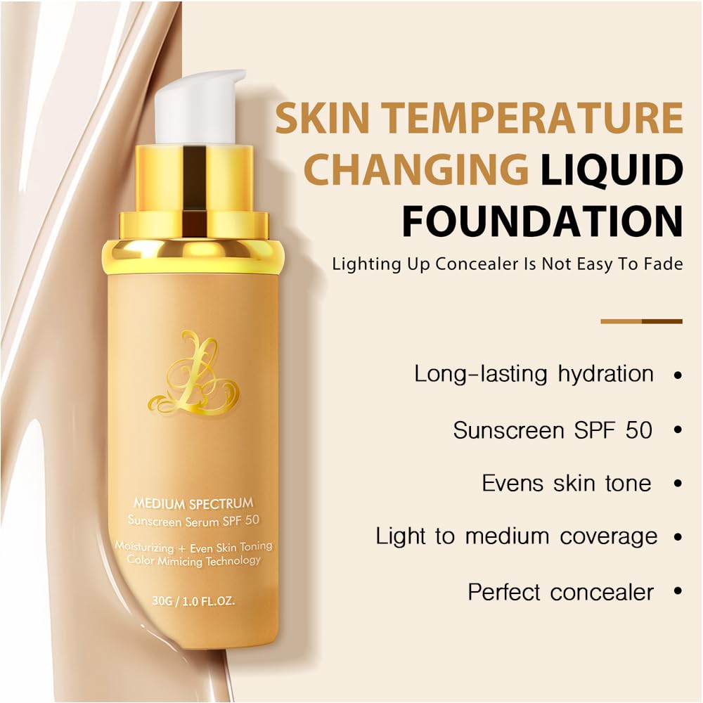 Foundation 4 in 1 - Color Changing Foundation, Medium Spectrum with SPF 50, Hypoallergenic Hydrating Liquid Concealer, Long-lasting & Waterproof Natural Finish - 1.06 fl oz - Image 3
