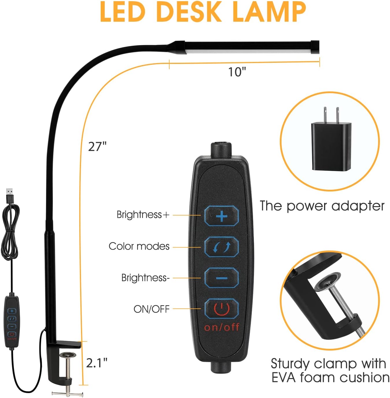 LED Desk Lamp with Clamp, Eye-Caring Clip on Lights for Home Office, 3 Modes 10 Brightness, Long Flexible Gooseneck, Metal, Swing Arm Architect Task Table Lamps with USB Adapter, Black - Image 5