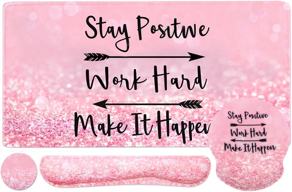 4-in-1 Gaming Mouse Pad Wrist Support Set,Desk Pad + Mouse Pad with Wrist Rest + Keyboard Wrist Rest + Coaster, Ergonomic Design for Home Office Study Game - Pink Stay Positive - Image 2