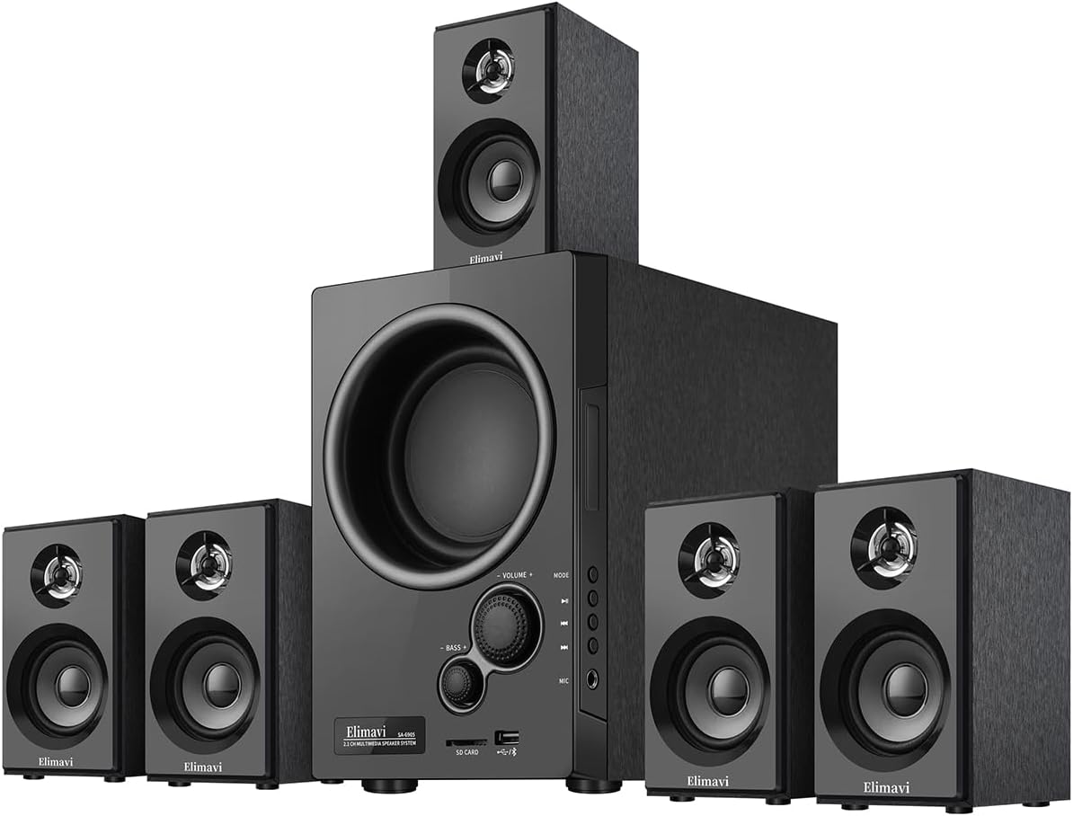 5.1 Surround Sound System with 5.5'' Subwoofer Stereo System for Home with 2.5'' Midrange Home Theater Speakers, Home Speaker System with 3.5-RCA/USB/Wireless/AUX Audio Inputs - Image 2