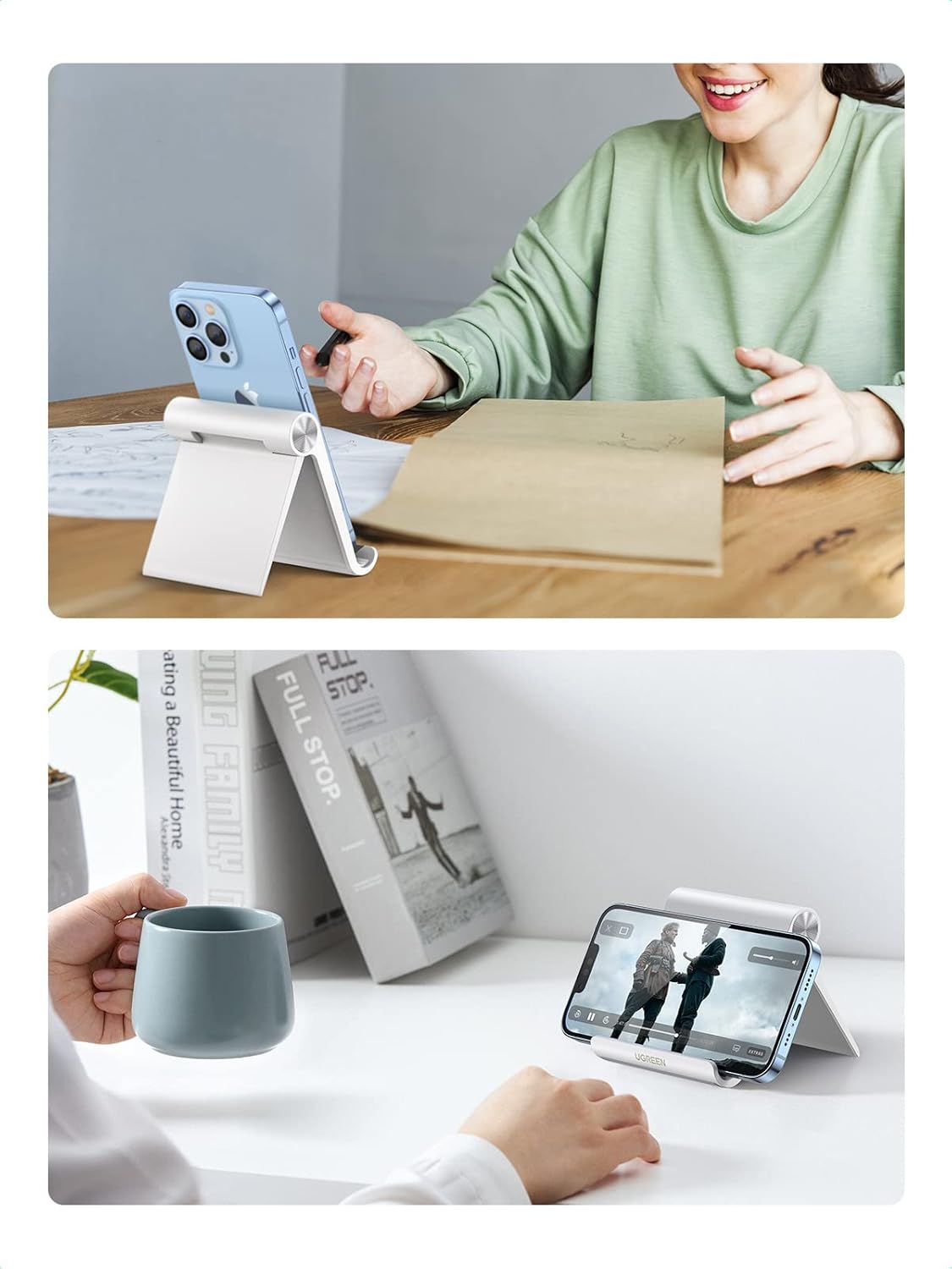 UGREEN Cell Phone Stand for Desk Phone Holder Foldable Portable Adjustable Compatible with iPhone 16 15 14 13 Pro Max, iPhone 12 11 Plus SE XS XR 8 7, Office Desk Travel Accessories, White - Image 10