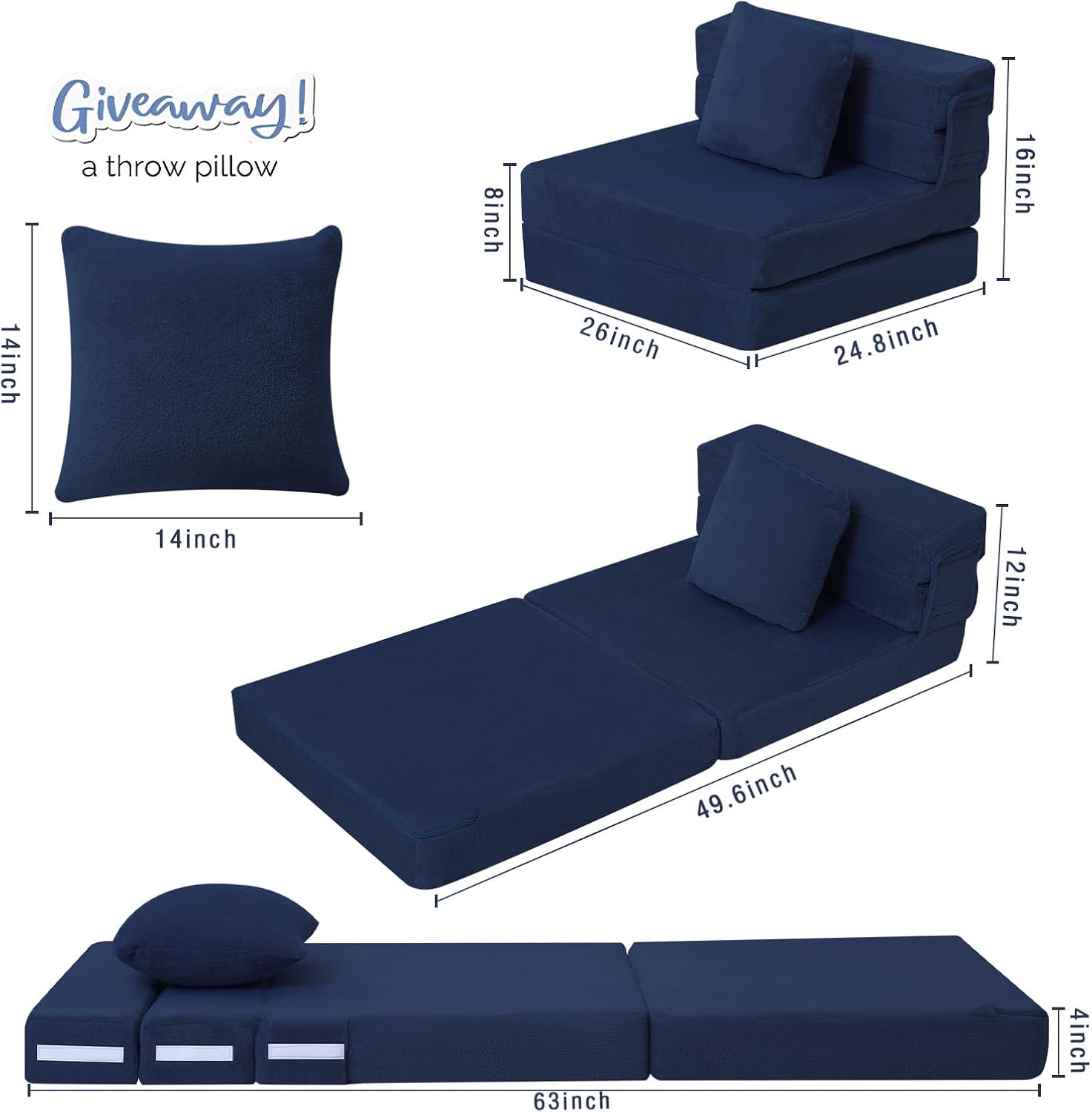 MeMoreCool Foldable Futon Chair Bed for Kids, Toddler Sofa Mattress with Pillow, Convertible Foam Floor Couch, Tri-Fold Sleeping Mattress (Navy) - Image 3