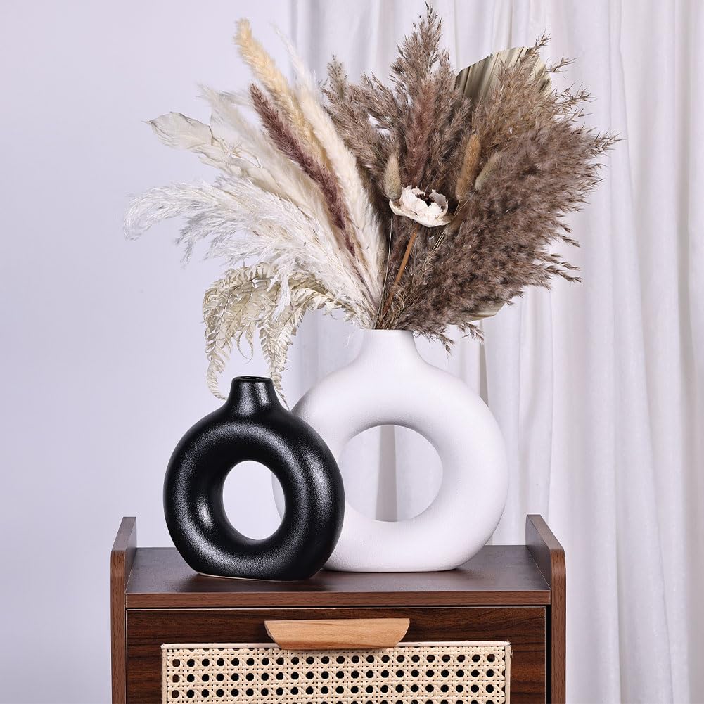 Black and White Ceramic Vase Set of 2, Matte Round Hollow Donut Flower Vases, Modern Boho Pampas Grass Decorative Vase, Ideal for Wedding, Living Room, Office, Entrance, Dining Table Decoration Vase - Image 6