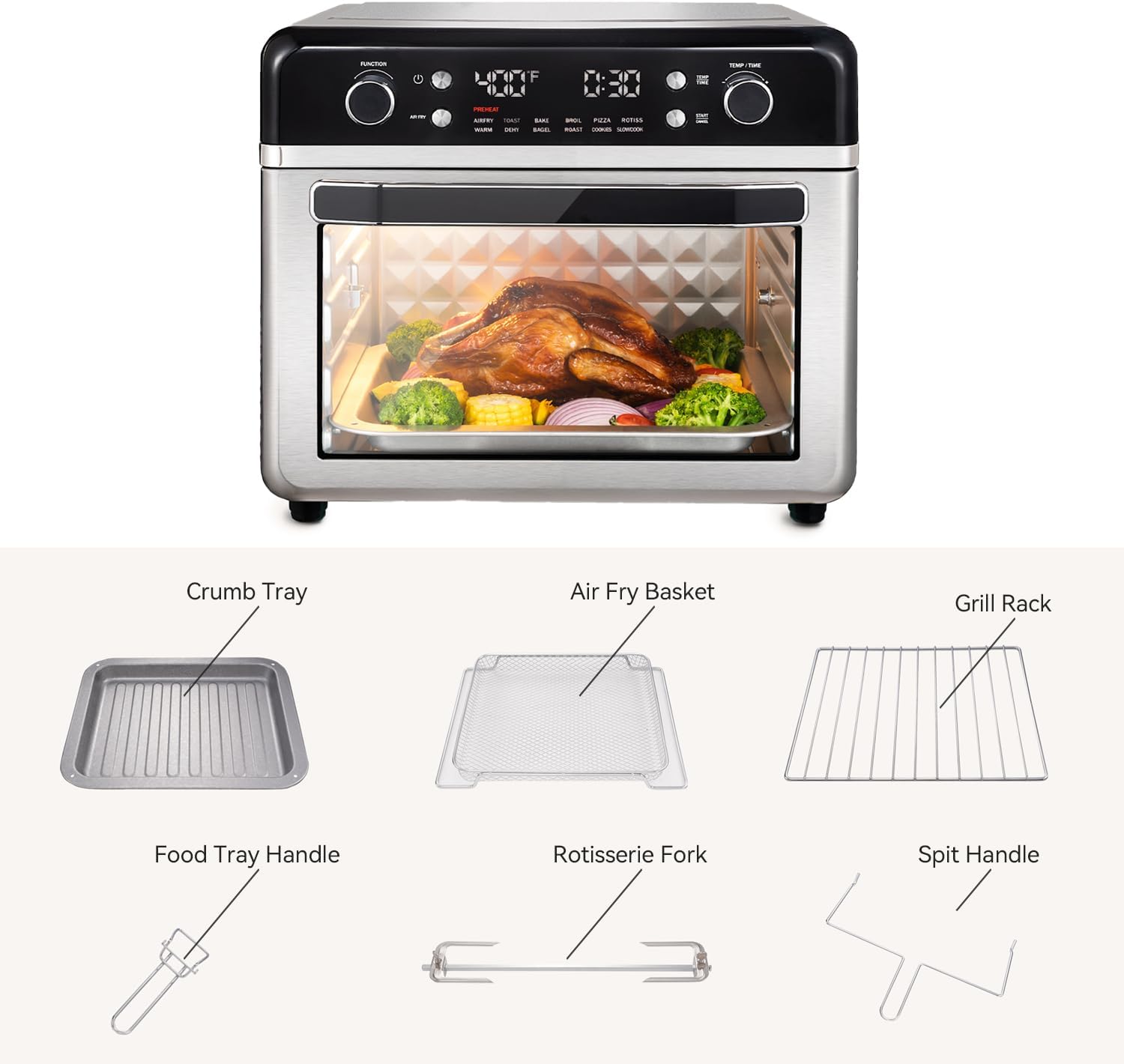 27.5 QT Air Fryer Toaster Oven, 12-in-1 Combo Countertop Convection Oven, with six additional accessories for enhanced usability along with a recipe book, Chrome - Image 7