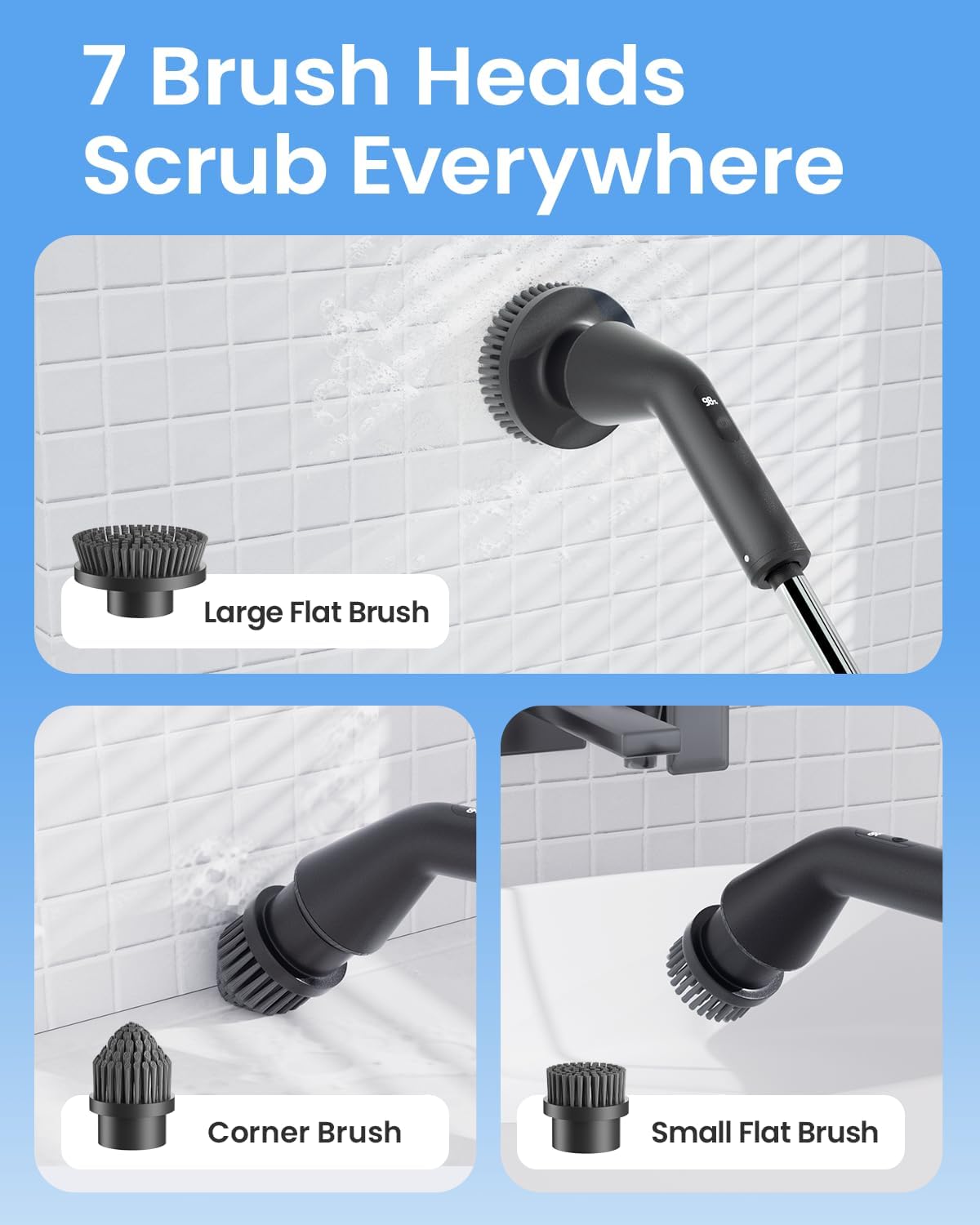 Leebein Electric Spin Scrubber, 2025 New Cordless Cleaning Brush Bathroom Scrubber, IPX7 Waterproof Shower Scrubber with 7 Brush Heads, Extendable Long Handle and 2 Speeds Scrubber for Bathtub Floor - Image 7