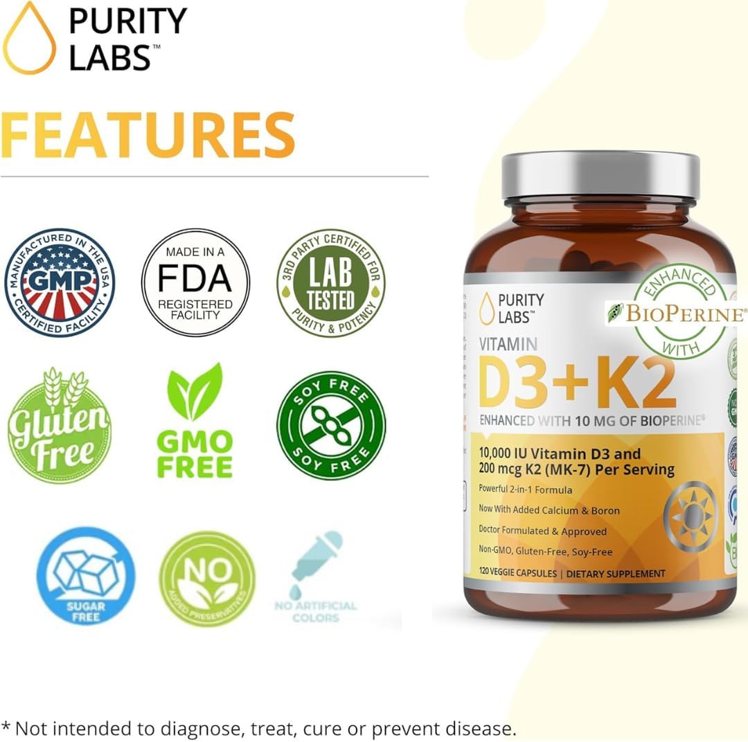 Purity Labs Vitamin D3 K2 10000 IU, (250mcg) D3 + 200mcg K2 MK7 - Immune Support Supplement Enhanced with Bioperine - Supplements for Daily Defense, Bone, Muscle & Skin Health - 120 Capsules - Image 7