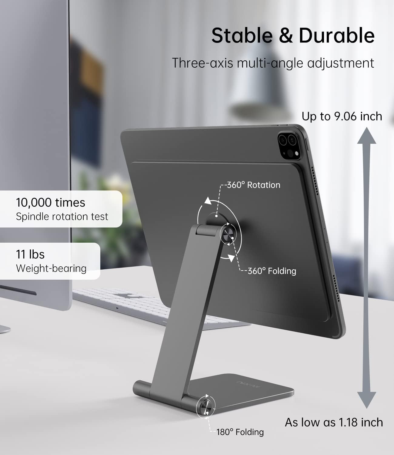 Foldable Magnetic Stand Only for iPad Pro 13 M4 2024, Premium Aluminum Alloy Tablet Stand for Desk, 360° Rotating Adjustable Tablet Holder Mount for iPad Pro 13 inch M4 for Working & Drawing - Image 8