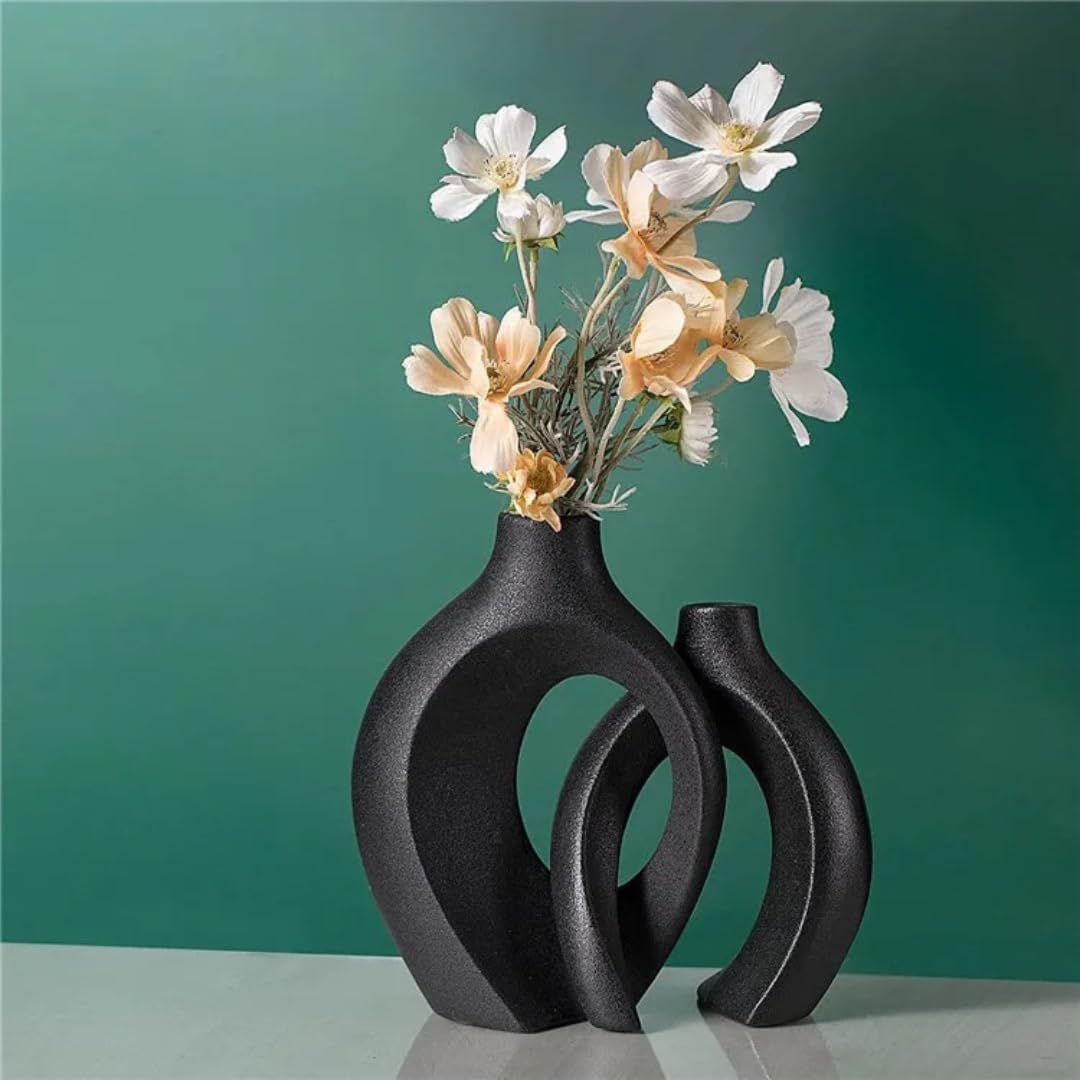 VCS 2 Set Ceramic Flower Vase, Nordic Minimal Unique Abstract Classy LuxuryTrendy Modern Pampas Grass Vase Perfect for Farmhouse, Home Decor, Living, Bedroom, Coffee Tables, Gifts (Black) - Image 3