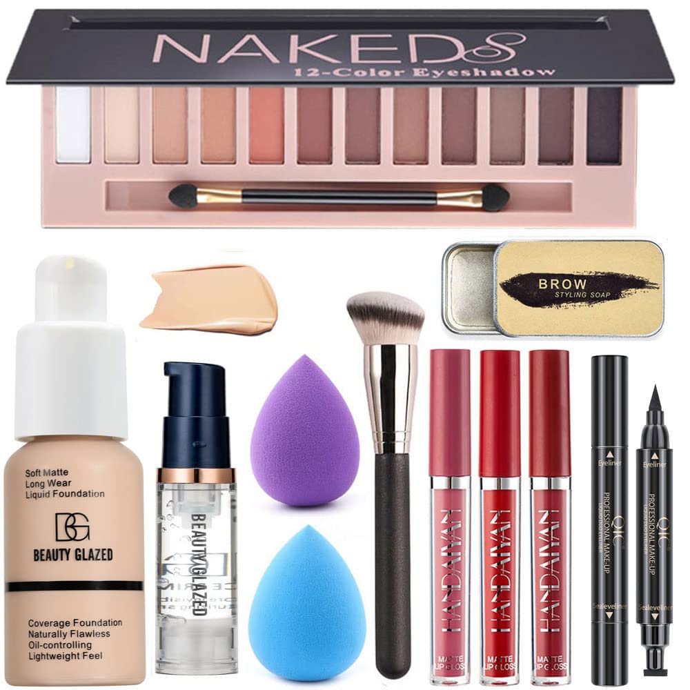 All in One Makeup Kit For Girls 12 Colors Naked Eyeshadow Palette, Nude Foundation Face Primer, Makeup Brush, Makeup Sponge, Eyebrow Soap Kit Brows Gel, Winged Eyeliner Stamp Makeup Set (SetA) - Image 2