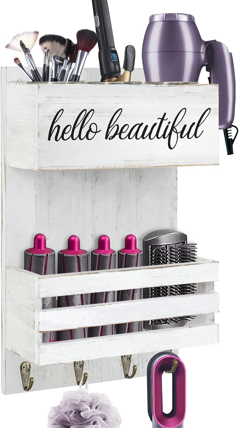 Rustic Hair Tool Organizer Wall Mount, 2 Layer Hair Dryer Holder Wall Mounted, Bathroom Hair Care and Styling Tool Organizer for Wall, Hair Accessories Organizer with Shelf for Makeup, Toiletries - Image 2
