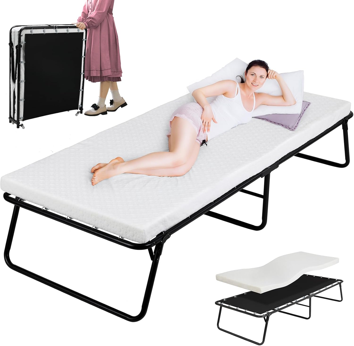 MAMIZO Folding Bed with Wheels, Rollaway Bed with Mattress for Adults, Portable Bed, Metal Frame with Memory Foam Mattress, Guest cot for Bedroom, Office, Camp, No Assembly, 75"x31" - Image 2