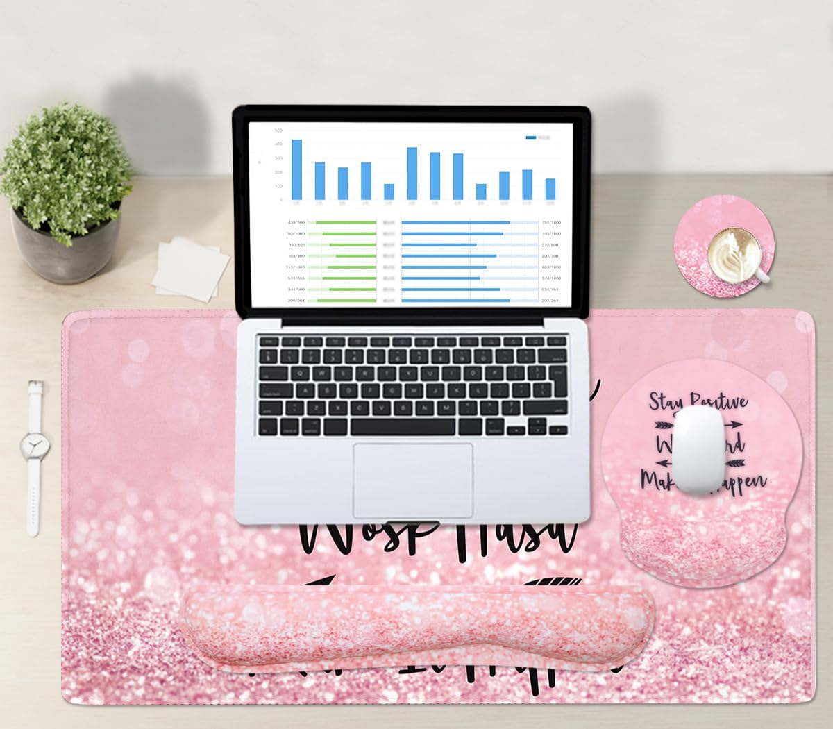 4-in-1 Gaming Mouse Pad Wrist Support Set,Desk Pad + Mouse Pad with Wrist Rest + Keyboard Wrist Rest + Coaster, Ergonomic Design for Home Office Study Game - Pink Stay Positive - Image 7