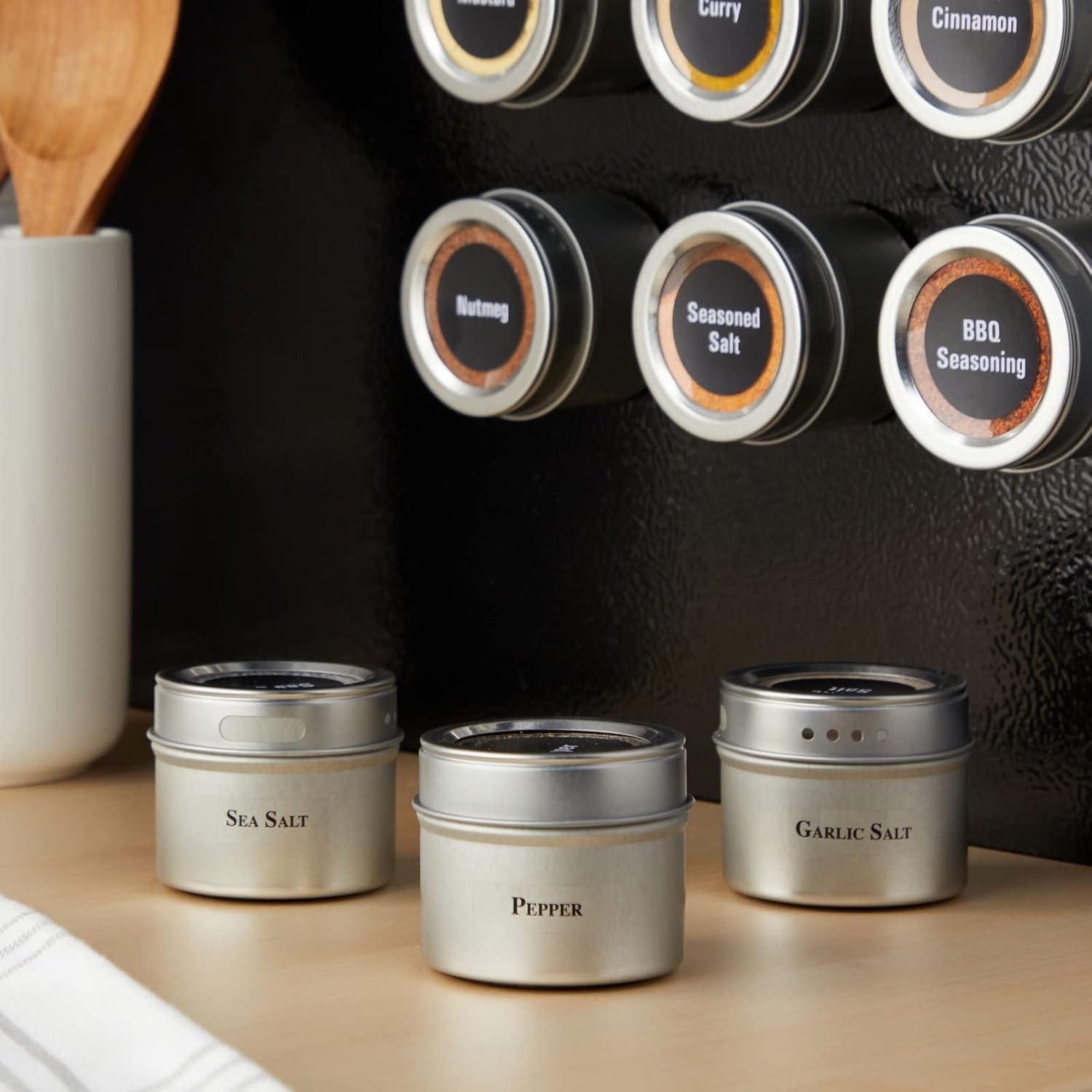 Talented Kitchen 12 Magnetic Spice Jars for Refrigerator with 3 Metal Wall Bases, 269 Preprinted Seasoning Labels, 2 Styles, 1 Cooking Conversion Chart, for 3 oz Containers - Magnetic Spice Containers - Image 5