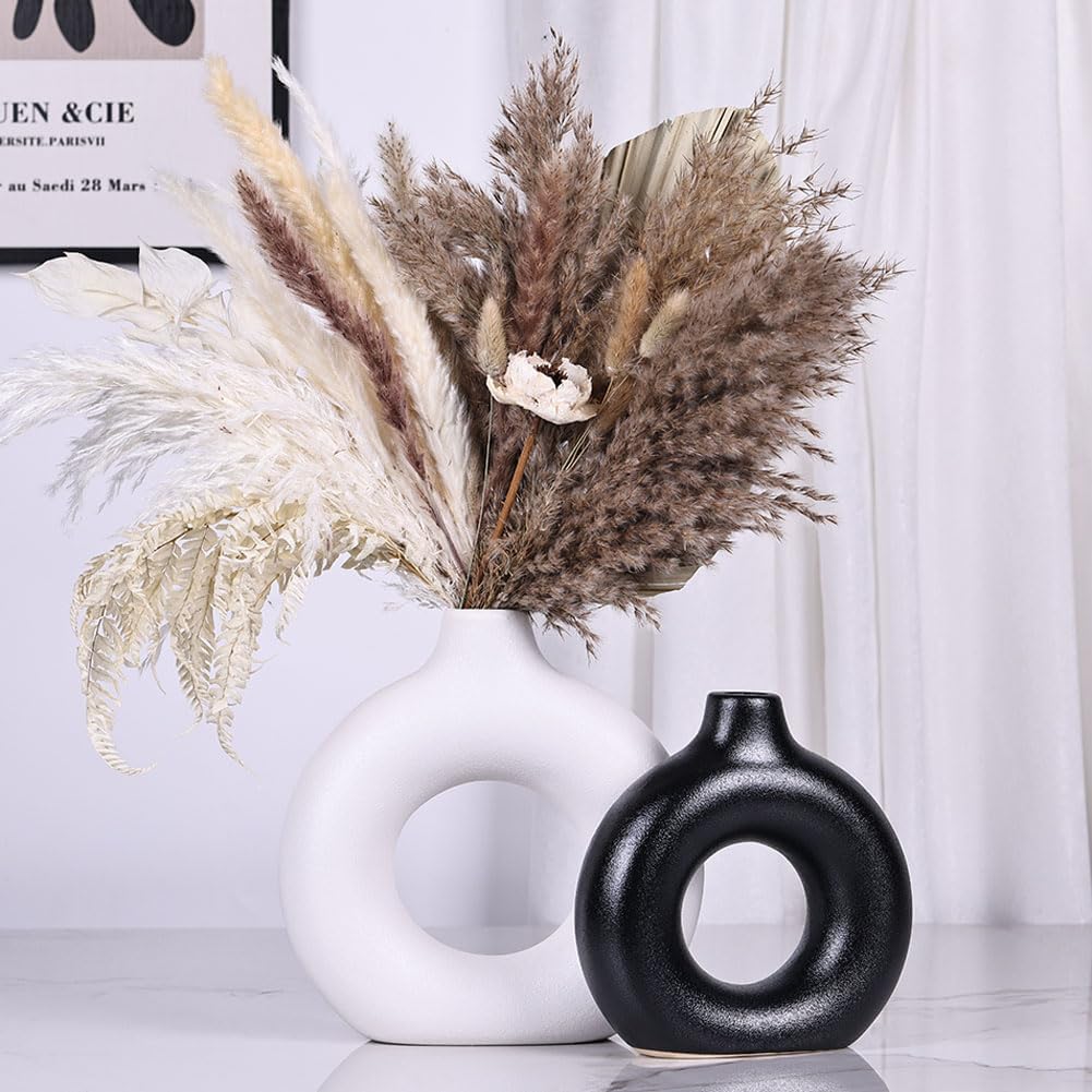Black and White Ceramic Vase Set of 2, Matte Round Hollow Donut Flower Vases, Modern Boho Pampas Grass Decorative Vase, Ideal for Wedding, Living Room, Office, Entrance, Dining Table Decoration Vase - Image 5