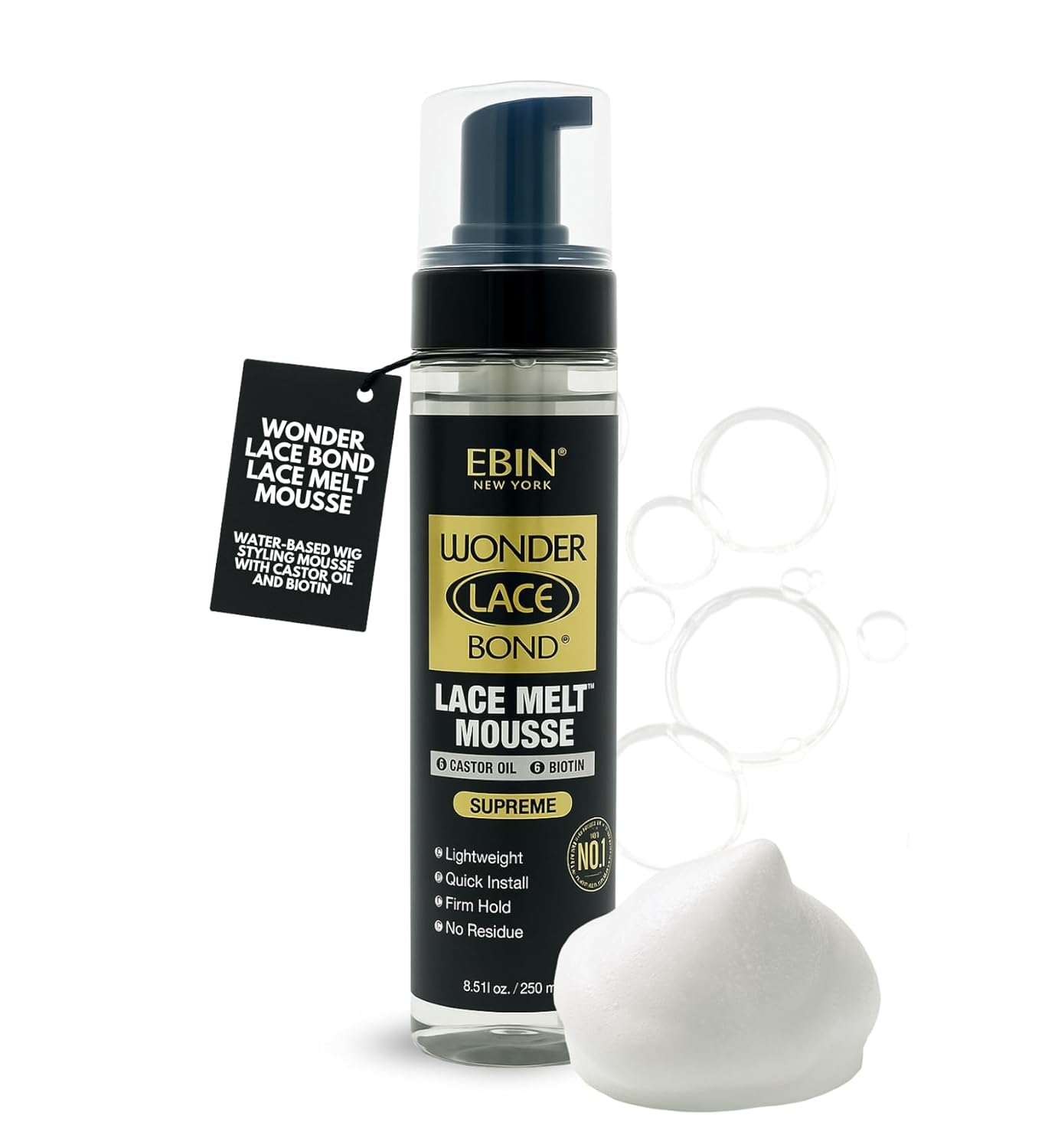 EBIN NEW YORK Wonder Lace Bond Lace Melt Mousse 8.5 oz Water-Based Wig Styling Mousse with Castor Oil and Biotin for Secure Hold and Shine — Seamless Finish — Nourishing Care (1 Pack) - Image 2