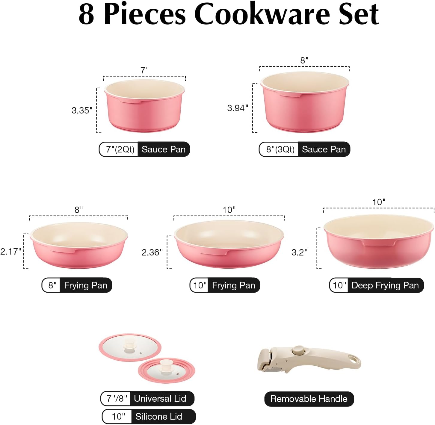 Ceramic Pots and Pans Set Non Stick Pink, 8 Pcs Nonstick Cookware Set with Detachable Handle RV Camping Induction Kitchen Cookware Set Non Stick, PFAS PFOA & PTFE Free - Image 3