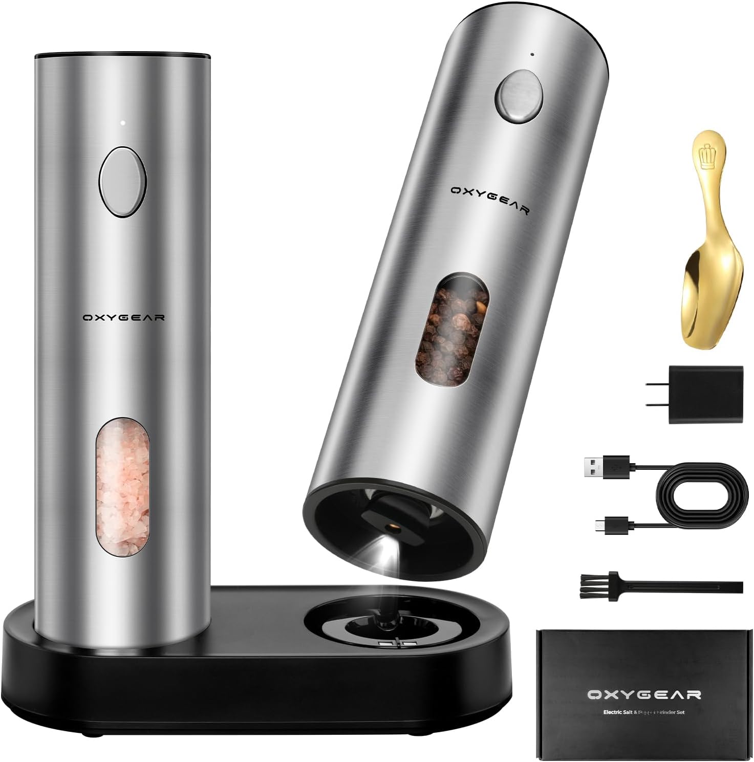 Electric Salt and Pepper Grinder Set, 110ML Capacity Rechargeable Automatic Pepper Grinder with Charging Base, 6 Adjustable Coarseness, Refillable Grinder with LED Light, Ideal for Home Cook, Sliver - Image 2
