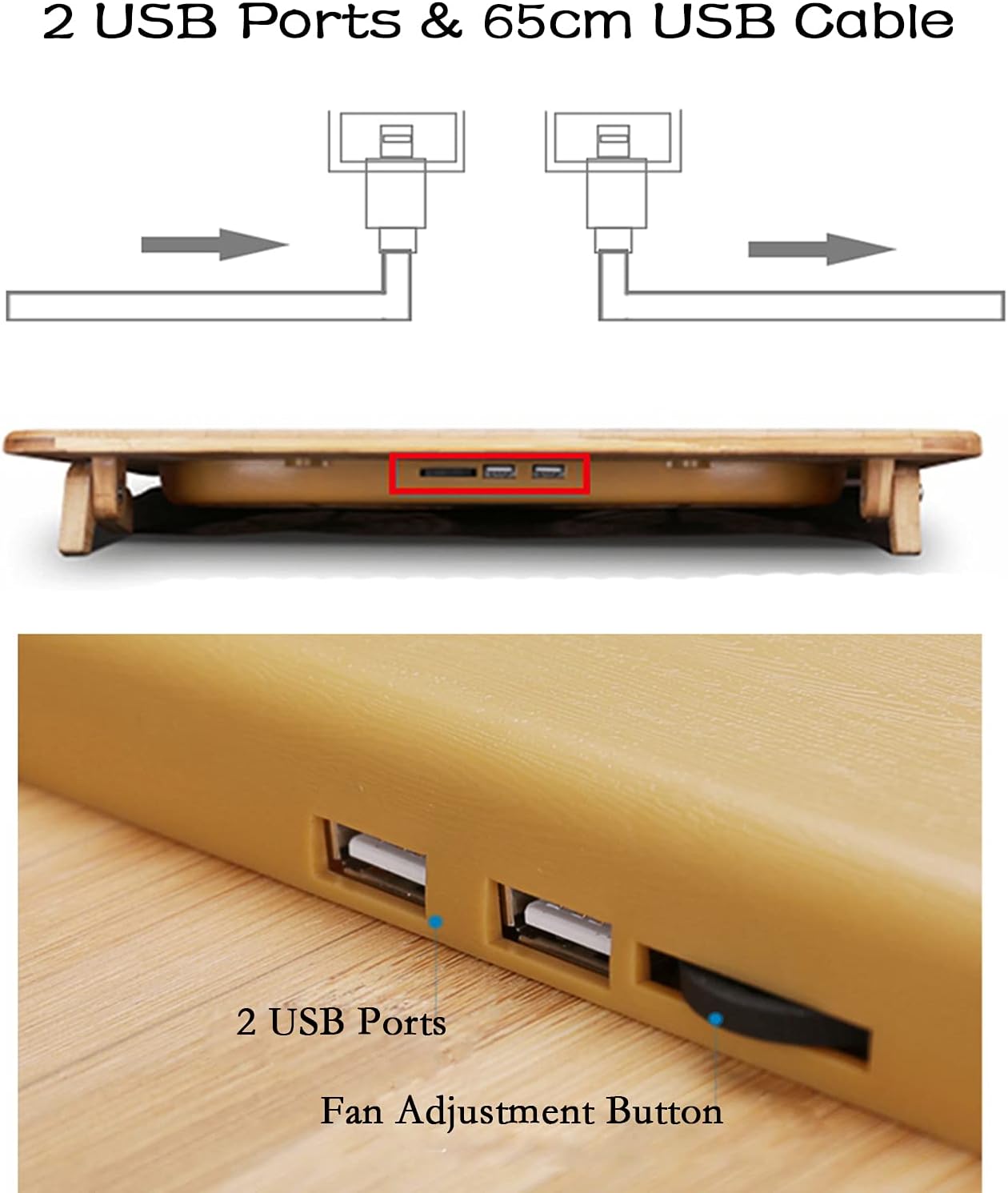 SUMISKY Laptop Stand Cooling Pad 100% Bamboo Adjustable Laptop Desk with 2 Quiet Cooling Fans Blue Light and 2 USB Ports Ergonomic Cooler Pad - Image 4