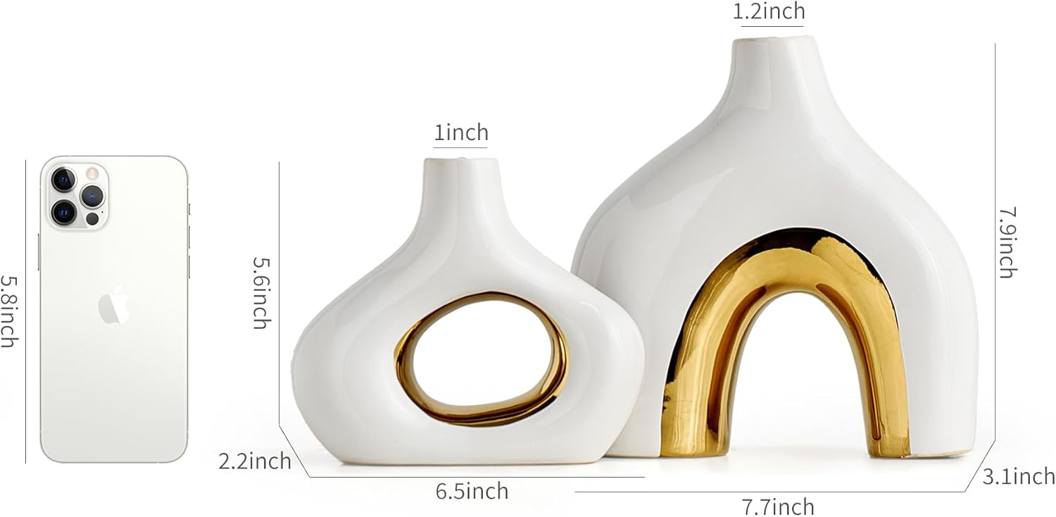 Ceramic Vase Set of 2 White and Gold Vase for Pampas Grass, Modern Donut Vase for Gold Decor, Round Vases Centerpieces for Wedding, Bedroom, Living Room, Coffee Table, Entryway, Office - Image 8