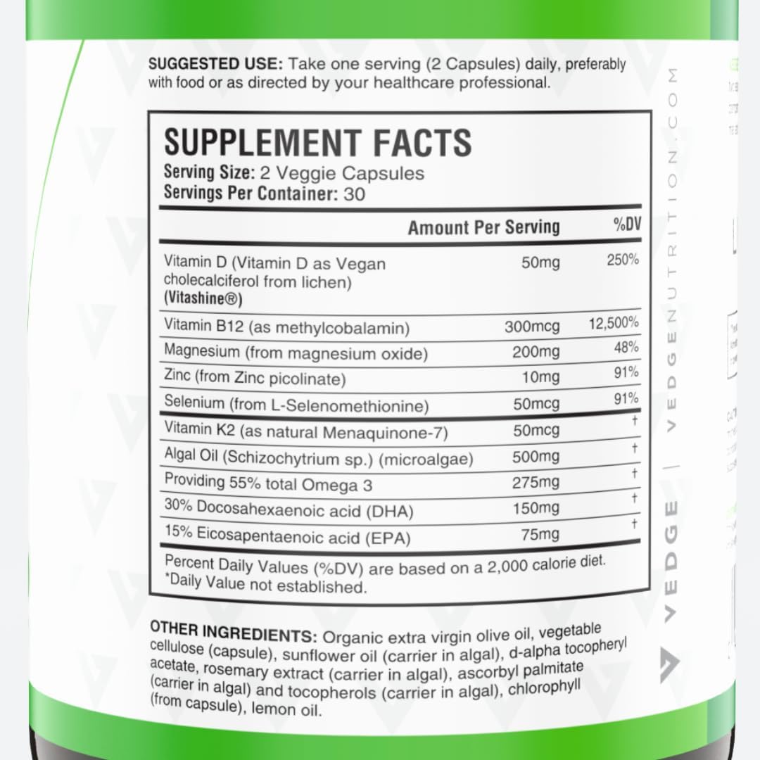 vedge Vegan Omega 3 - Daily Multivitamin Contains Vitamin D, Vitamin B12, Algal Oil for Vegan EPA & DHA - Natural Vitamins, Minerals - 30 Day Supply Nutrition Essential - Image 4
