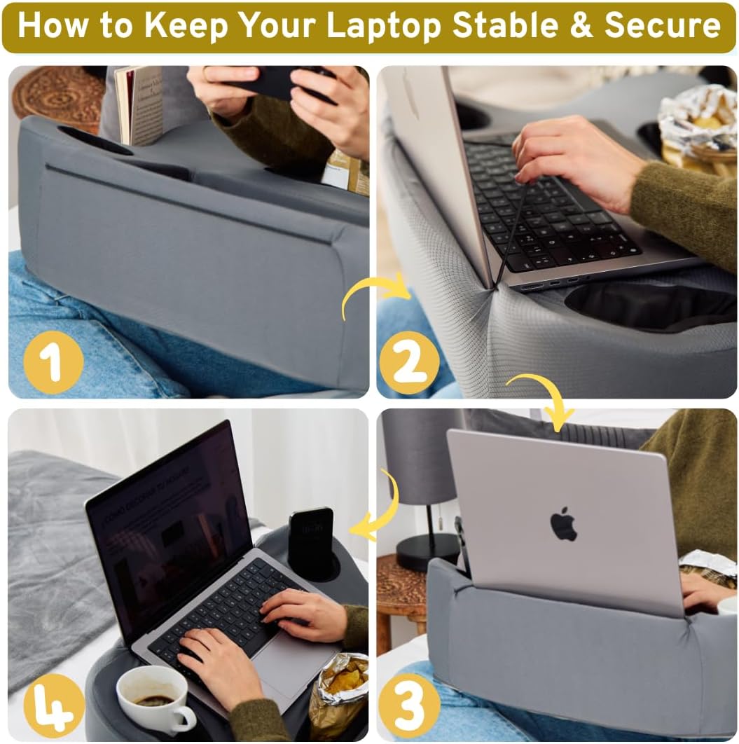 Lap Desk Pillow - Cushioned Lap Pillow for Reading, Gaming, Work & Travel, Soft & Portable Laptop Desk for Bed, Couch, or Car, Ergonomic Support for Laptops & Tablets (Grey) - Image 6