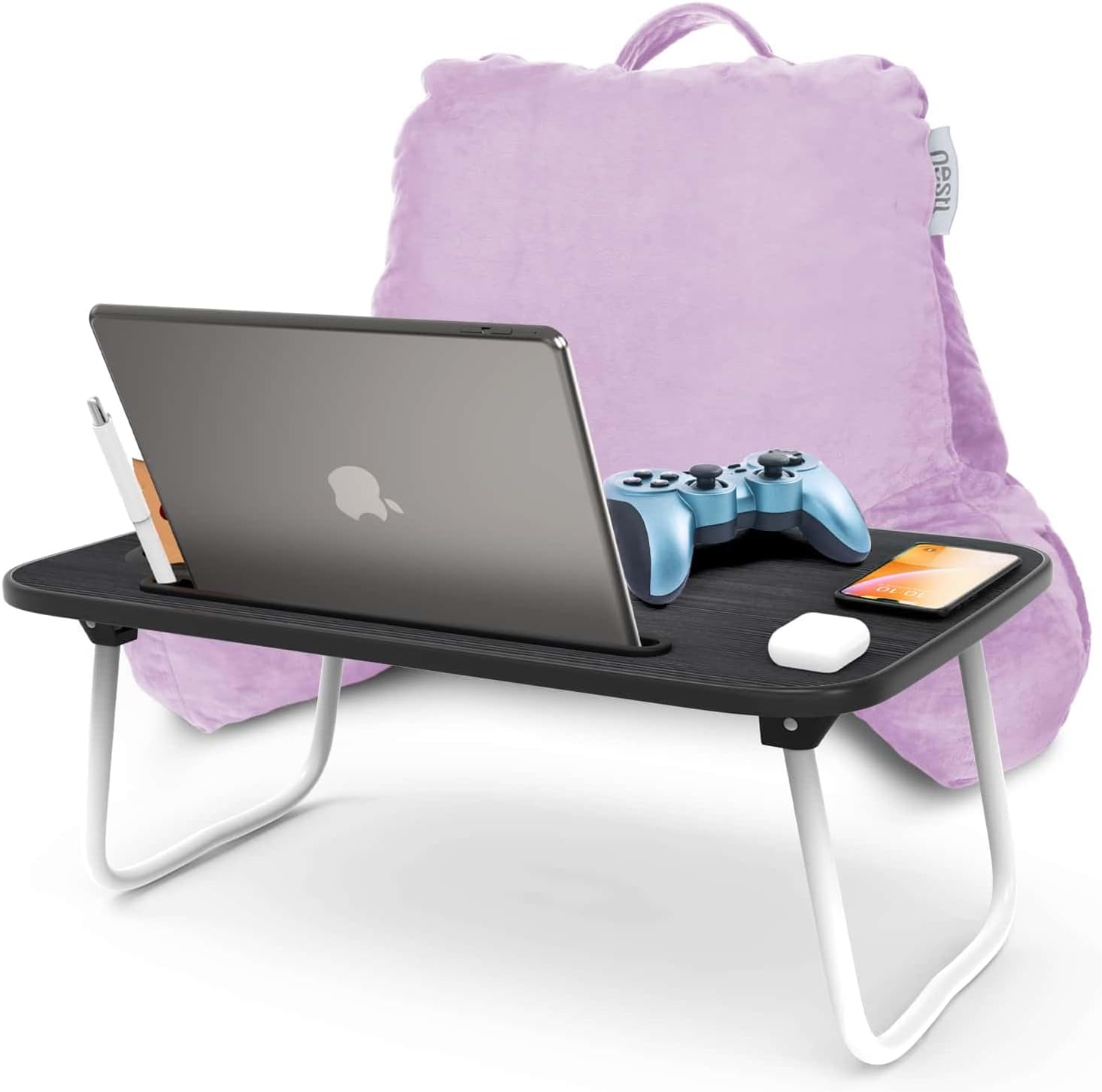 Nestl Reading Pillow with Portable Laptop Lap Desk, Velvet Feel Back Pillow for Sitting in Bed, Shredded Memory Foam Back Support Pillow for Bed, Bed Rest Pillow with Arms, Small - Lavender - Image 2