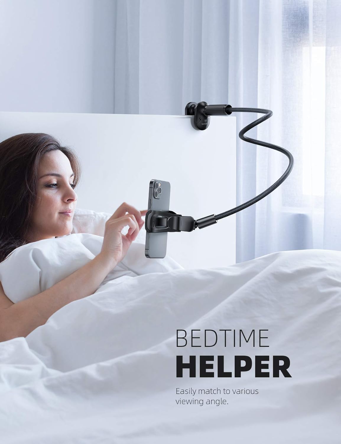 Lamicall Gooseneck Phone Holder for Bed - Overall Length 38.6in, Flexible Leather Wrapped Arm, 360 Adjustable Clamp Clip, Overhead Cell Phone Mount Stand for Desk, Compatible with All Cellphone (4-7”) - Image 5