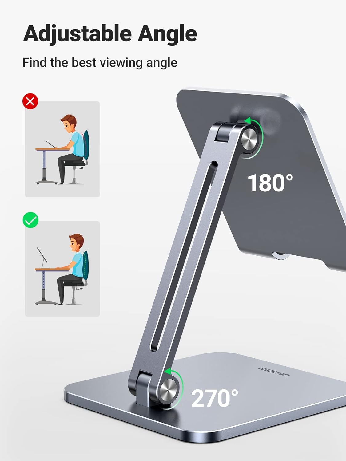 UGREEN Tablet Stand Compatible for iPad Desk Stand Holder Adjustable Aluminum Thicker Base Compatible with iPad Pro Air Mini 13 12.9 11 Inch Home Office Desk Accessories Grey - Image 6