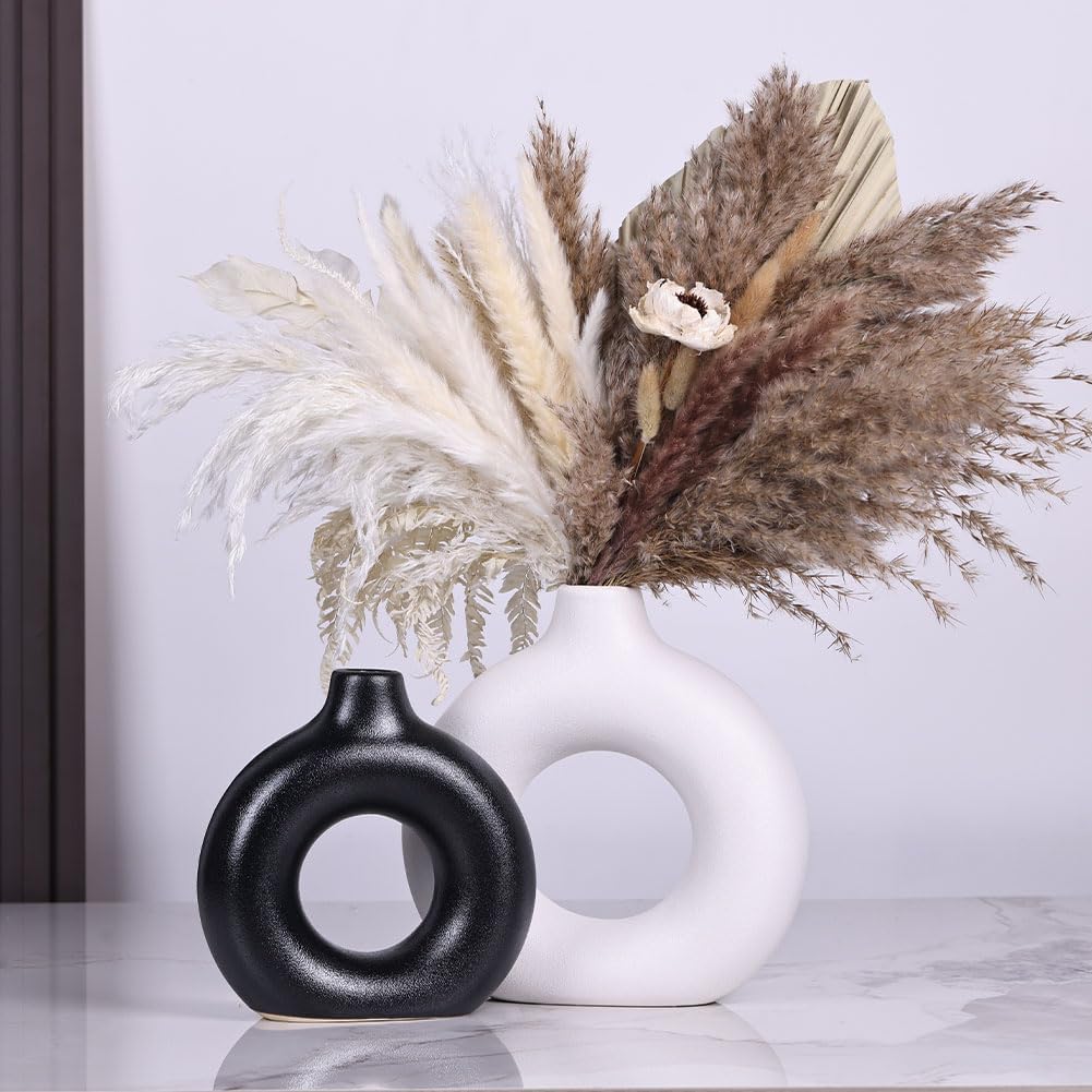 Black and White Ceramic Vase Set of 2, Matte Round Hollow Donut Flower Vases, Modern Boho Pampas Grass Decorative Vase, Ideal for Wedding, Living Room, Office, Entrance, Dining Table Decoration Vase - Image 7