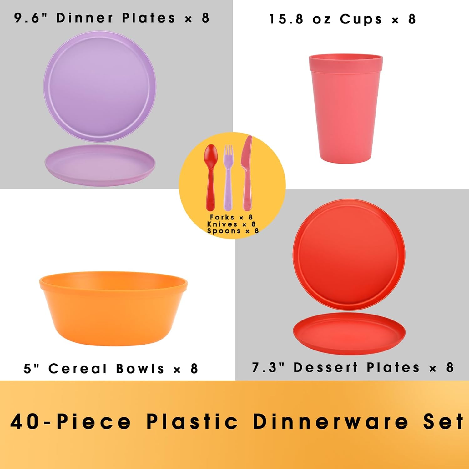Boho Plastic Dinnerware Sets – 40-Piece Sunset Style Plates and Bowls Sets for 8, Reusable Unbreakable Dishes with Cups, Forks, Knives and Spoons, for Camping, Picnic or Everyday Use - Image 8