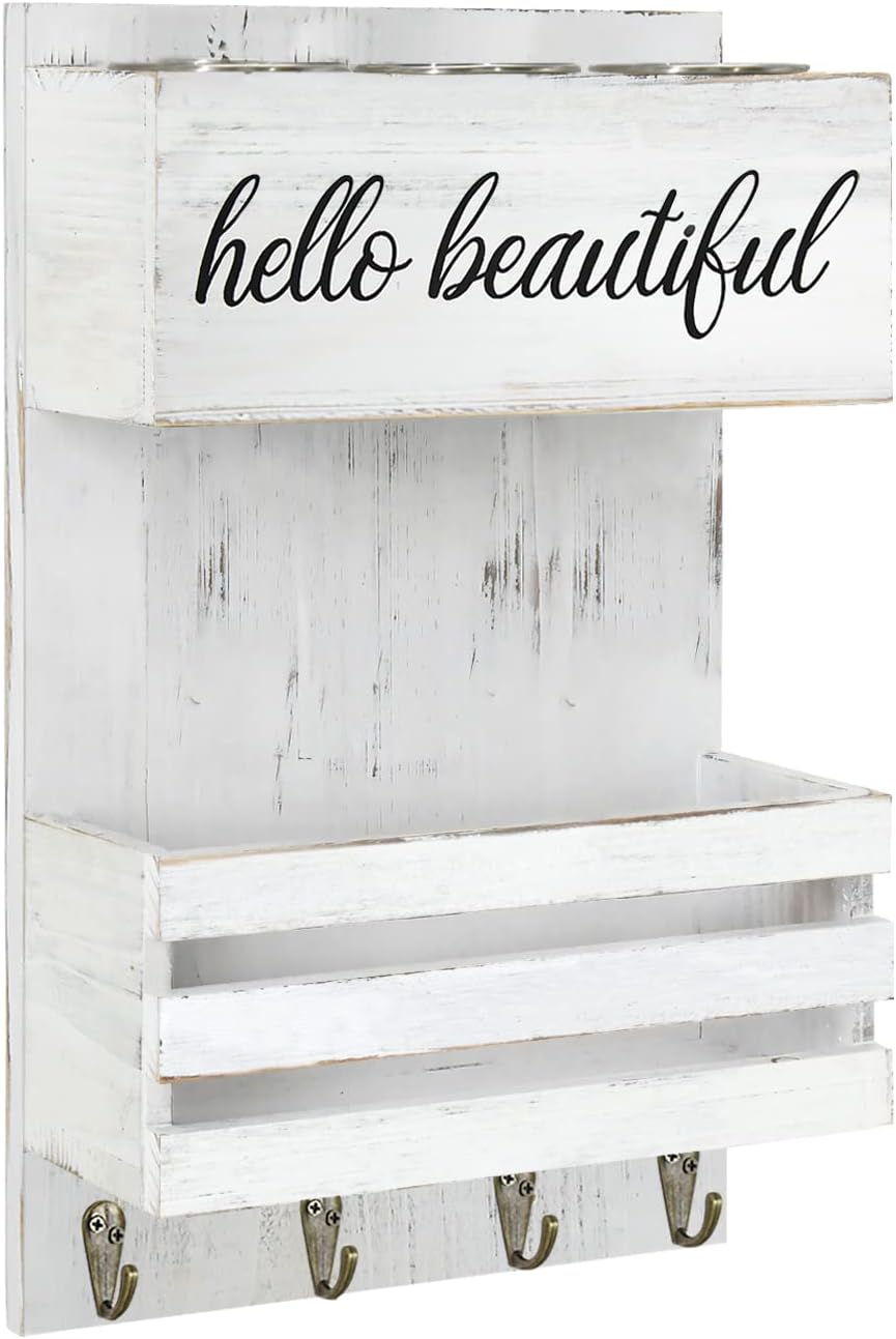 Rustic Hair Tool Organizer Wall Mount, 2 Layer Hair Dryer Holder Wall Mounted, Bathroom Hair Care and Styling Tool Organizer for Wall, Hair Accessories Organizer with Shelf for Makeup, Toiletries - Image 9