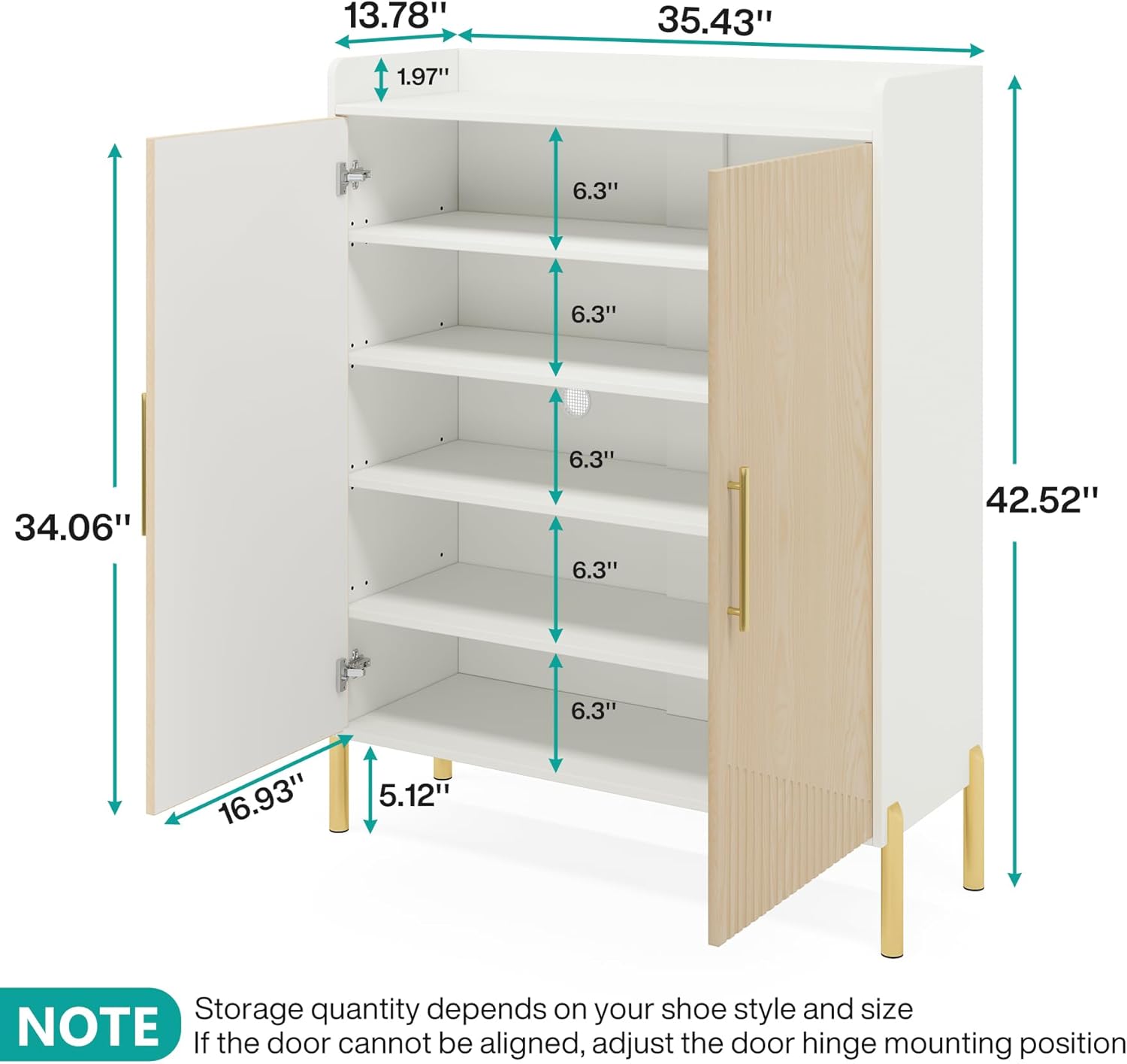 Tribesigns Large Shoe Cabinet with Doors, 6-Tier Entryway Shoe Storage Cabinet with Shelves, 30 Pairs Modern Shoes Rack Organizer for Hallway, Closet, Bedroom, Living Room (White/Natural) - Image 3