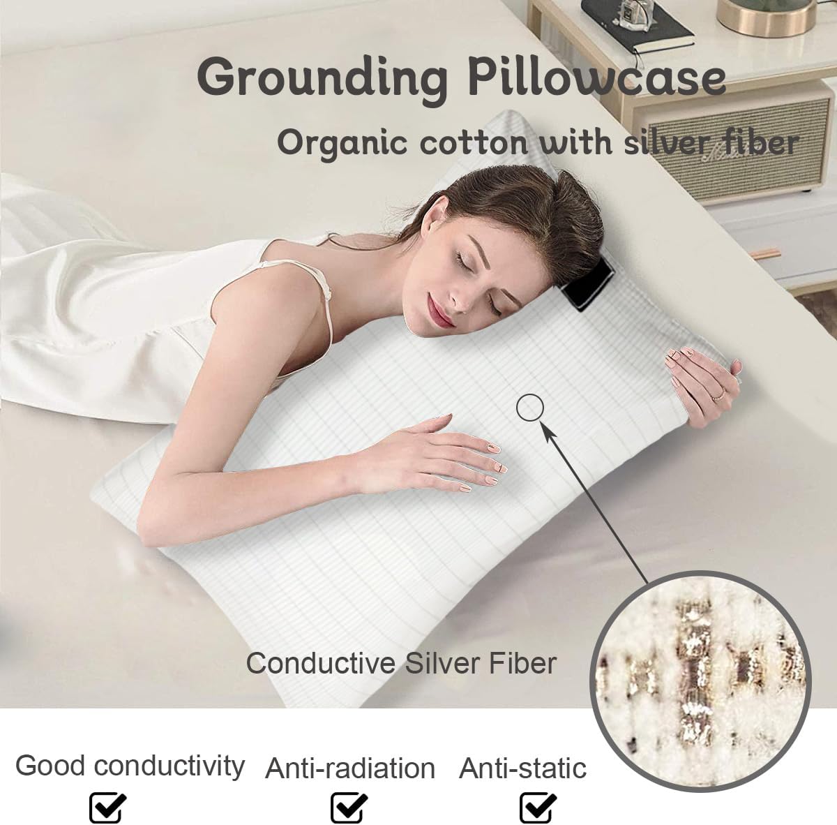 Grounding Pillowcase 2 Pack with Grounding Cord, Contains Silver Fibers, Cotton Grounding Pillowcase, Conductive Grounding Pillow Case for Improve Sleep, Relieve Pain (20x30IN, White) - Image 4