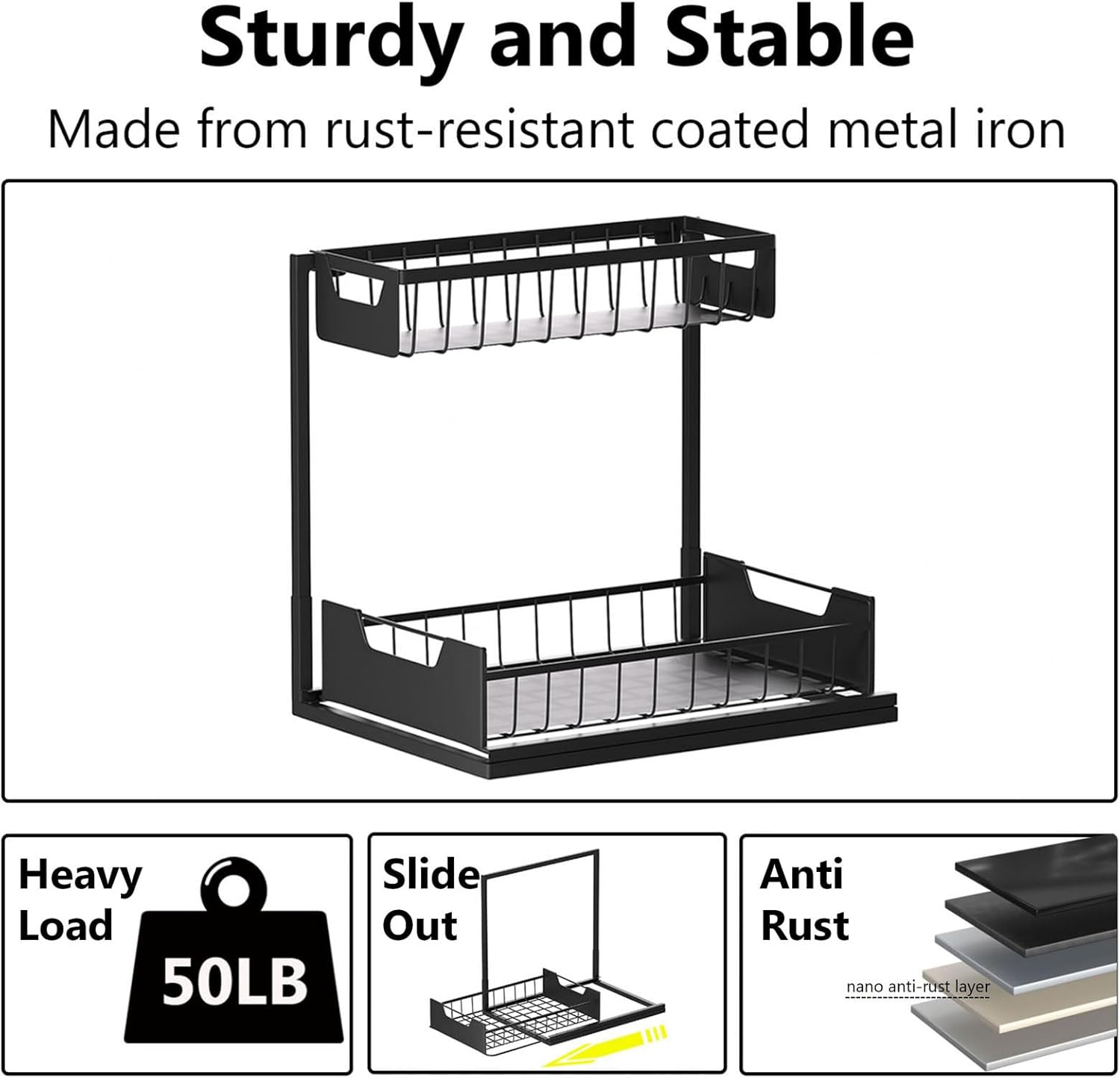 Under Kitchen Sink Organizers and Storage Pull Out 2 Tier Metal Bathroom Cabinet Organizer (Black, 1 Pack) - Image 7