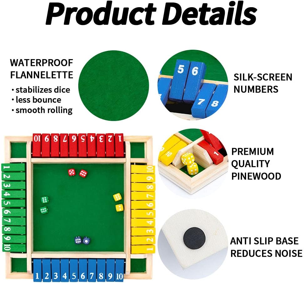 Nicecho Shut The Box Dice Game,2-4 Player Family Wooden Board Table Math Games for Adults and Kids, 8 Dices Classics Tabletop Version Games for Classroom,Home,Party or Pub - Image 4