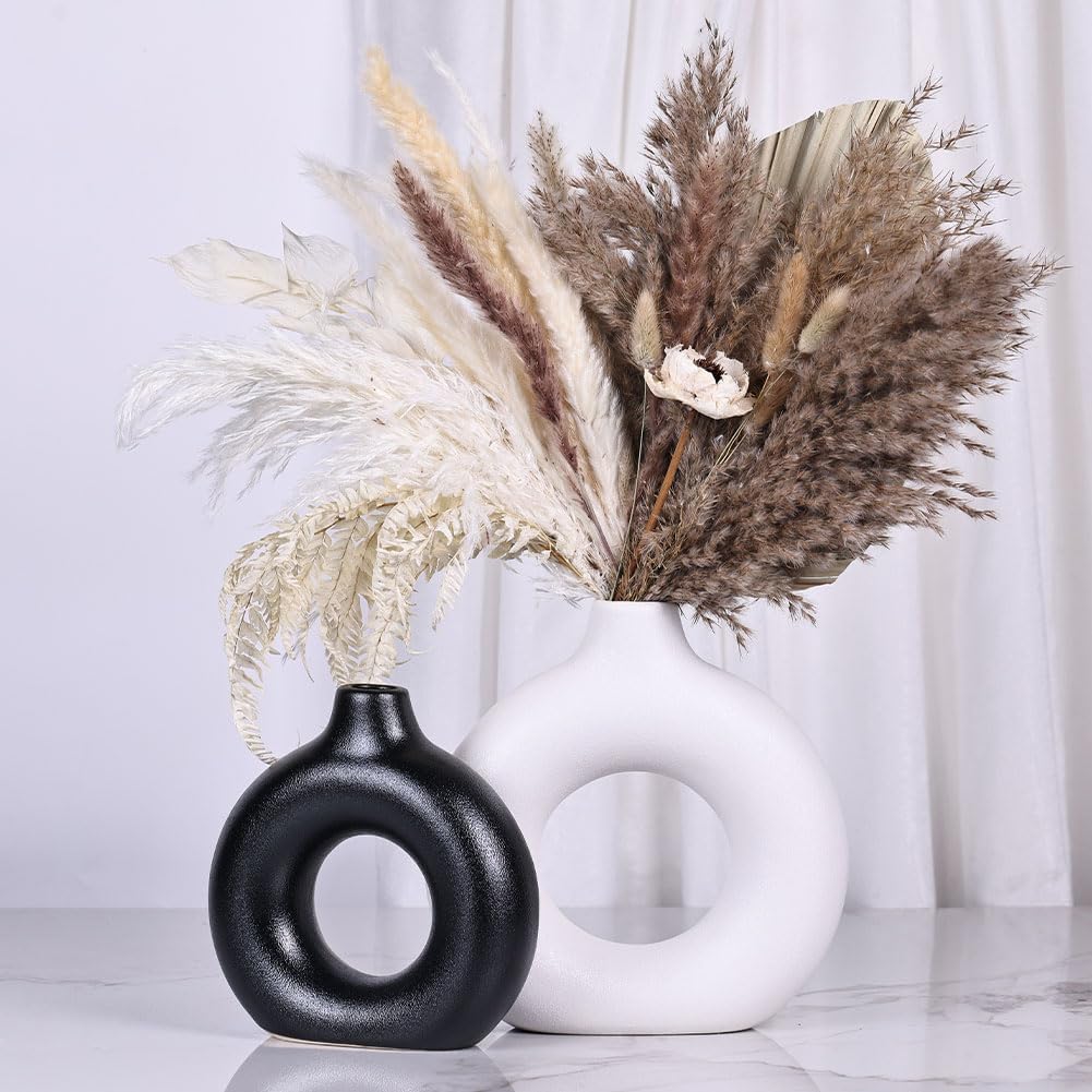 Black and White Ceramic Vase Set of 2, Matte Round Hollow Donut Flower Vases, Modern Boho Pampas Grass Decorative Vase, Ideal for Wedding, Living Room, Office, Entrance, Dining Table Decoration Vase - Image 8