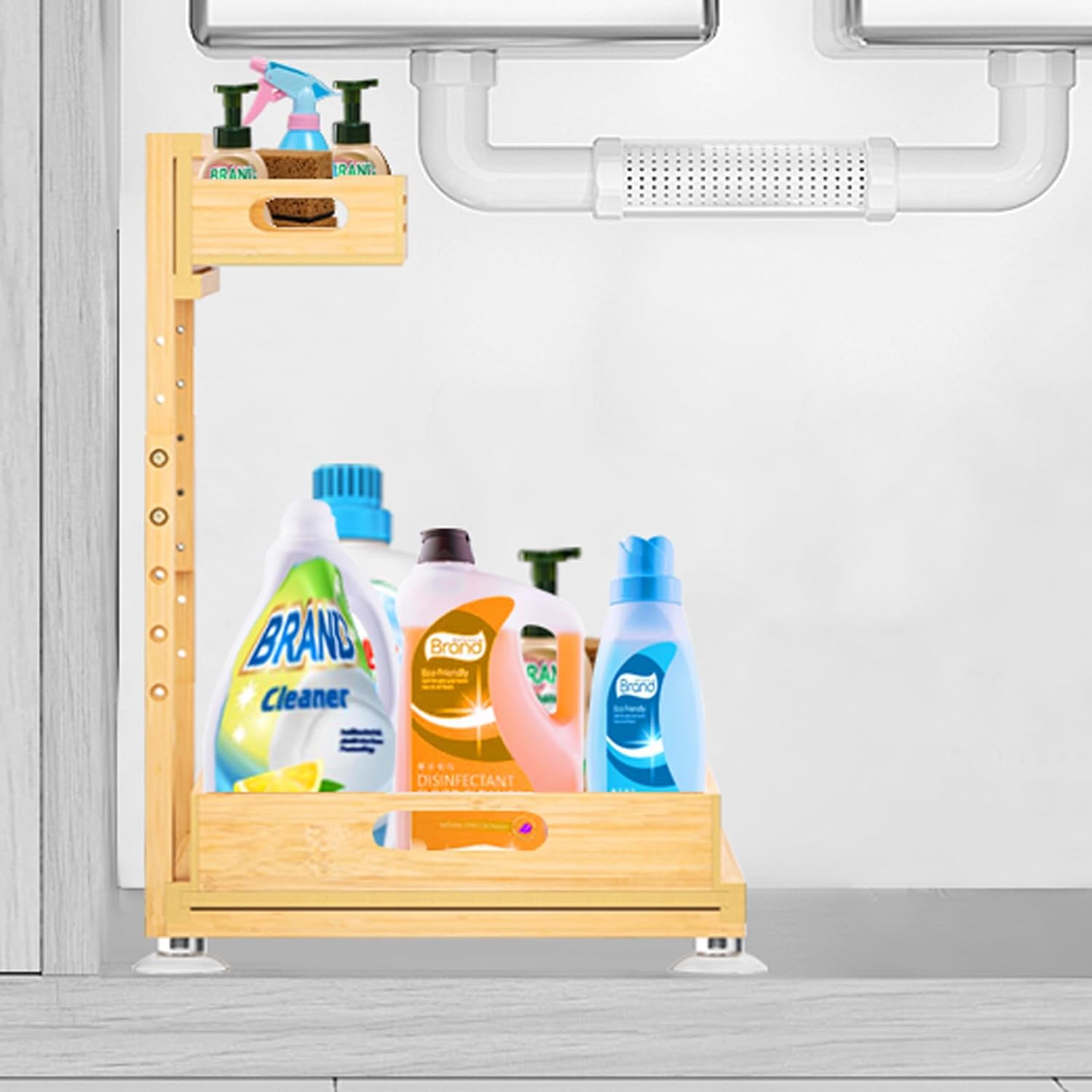 Under Sink Organizer, Pull Out Cabinet Organizer, 2 Tier Slide Out Sink Shelf Cabinet Storage Shelves, Storage for Kitchen Bathroom, Natural Premium Bamboo Wood - Image 3