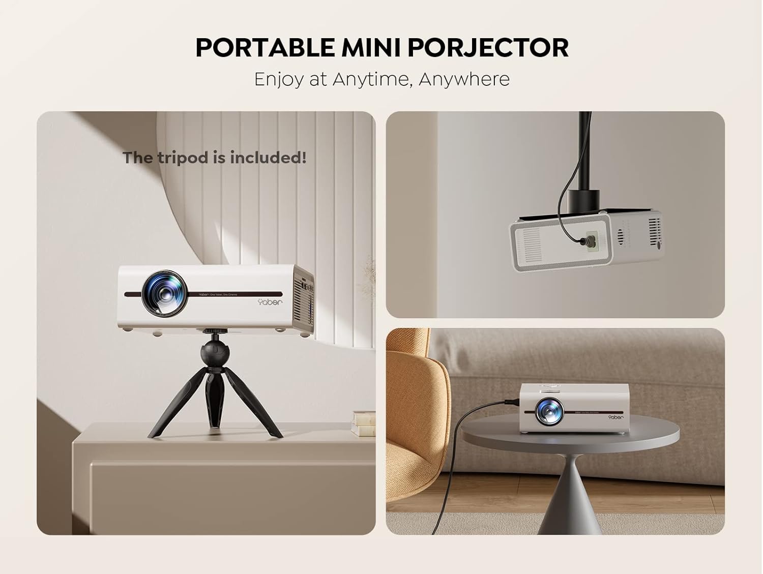 Mini Projector with WiFi and Bluetooth 5.1, 9500L Portable Movie Projector 1080P and 4K Supported, YABER V5 2023 Updated Mini Home Theater Projector with Tripod and Bag for Phone/PC/TV Stick-White - Image 7
